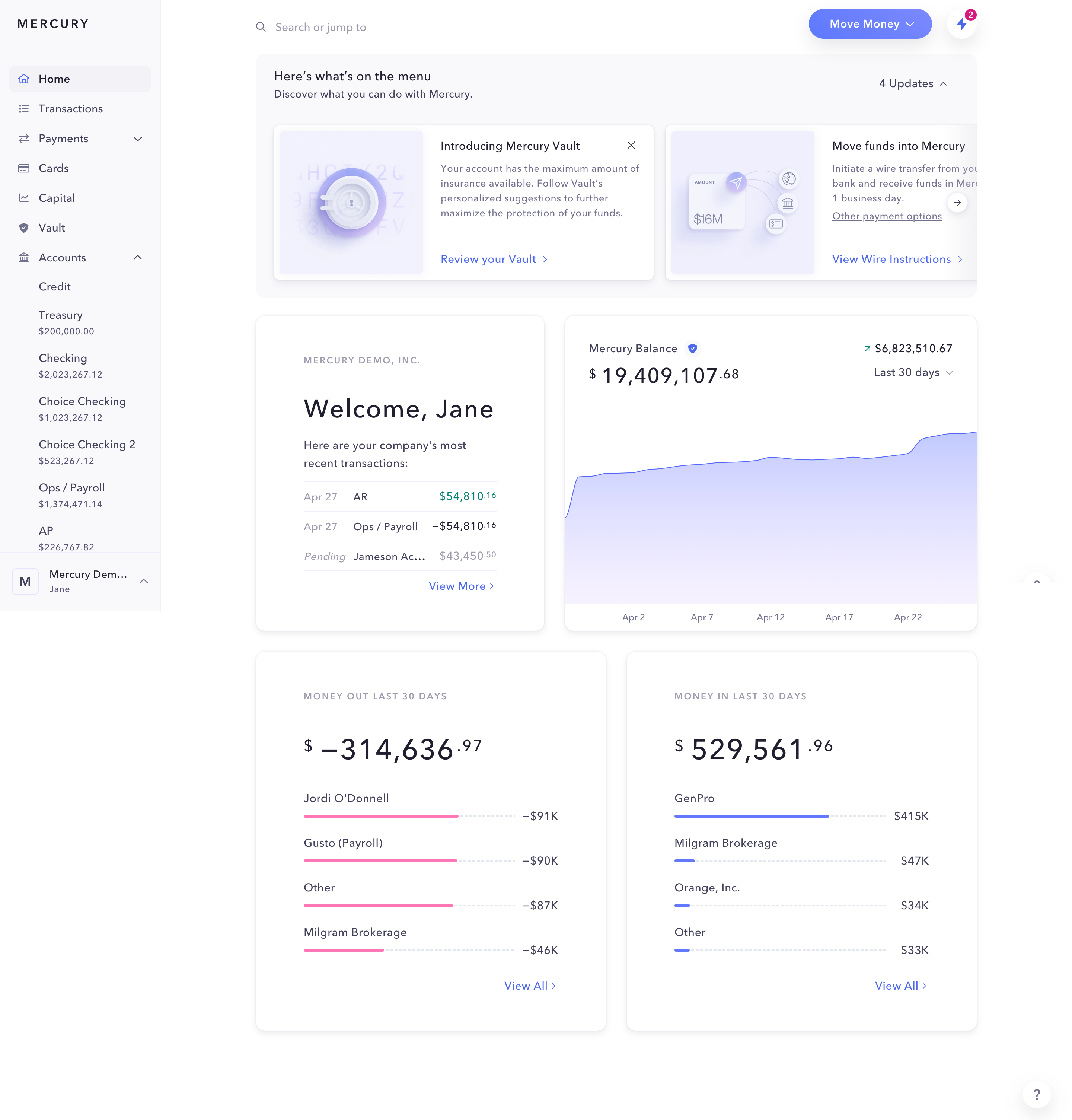 Mercury SaaS dashboard showing balances, cash flow and account insights