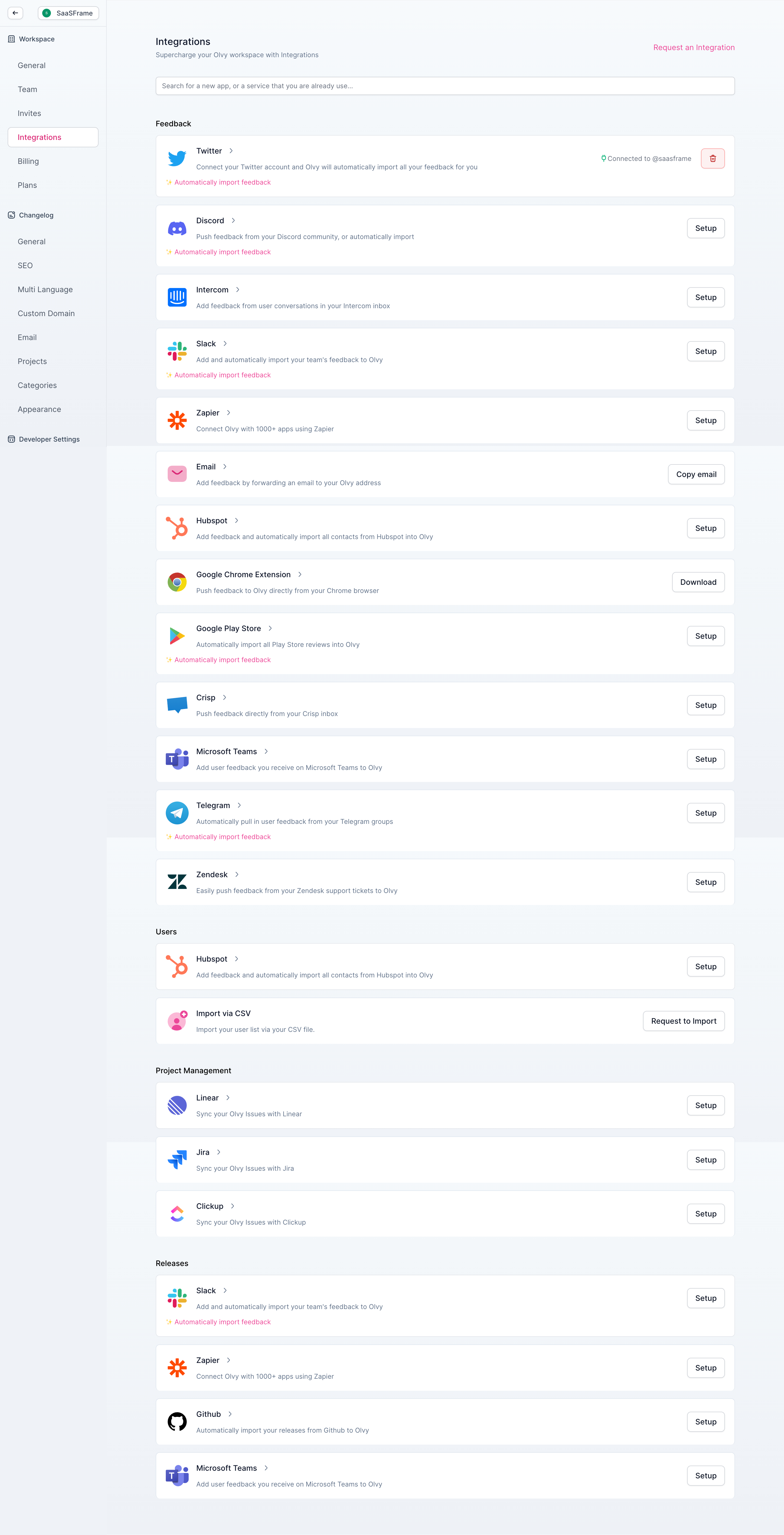 Olvy Integration Settings SaaS interface example