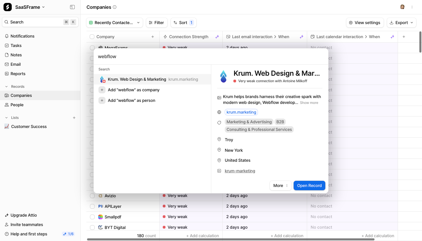 Attio search for webflow with a company result on the left, add-company and add-person actions, and a detailed record preview with Open Record on the right