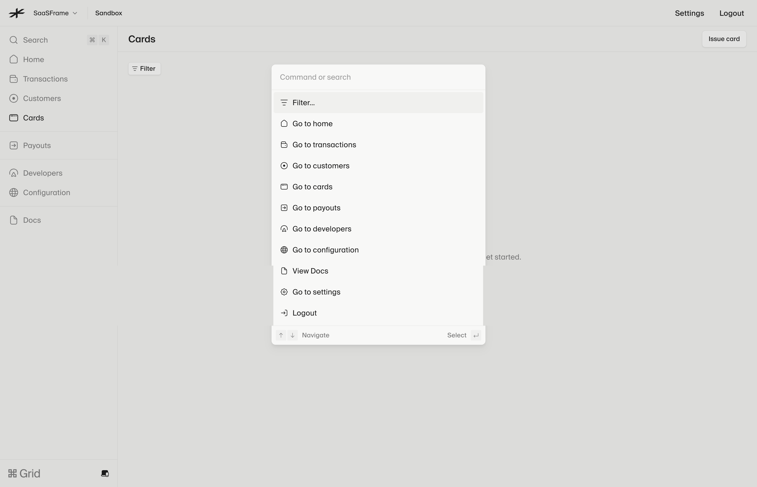 Lightspark command palette over the application, with a command-or-search field, navigation and action choices, a highlighted item, and keyboard hints below.