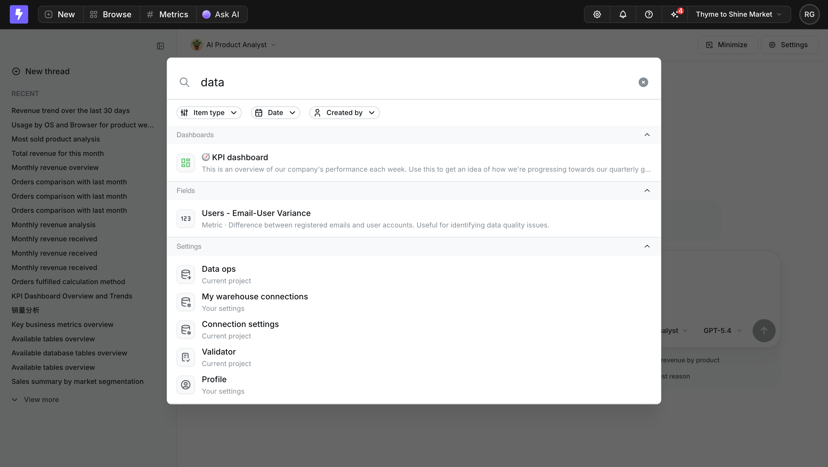 Lightdash search modal with grouped dashboard, field, and settings results plus item type, date, and creator filters
