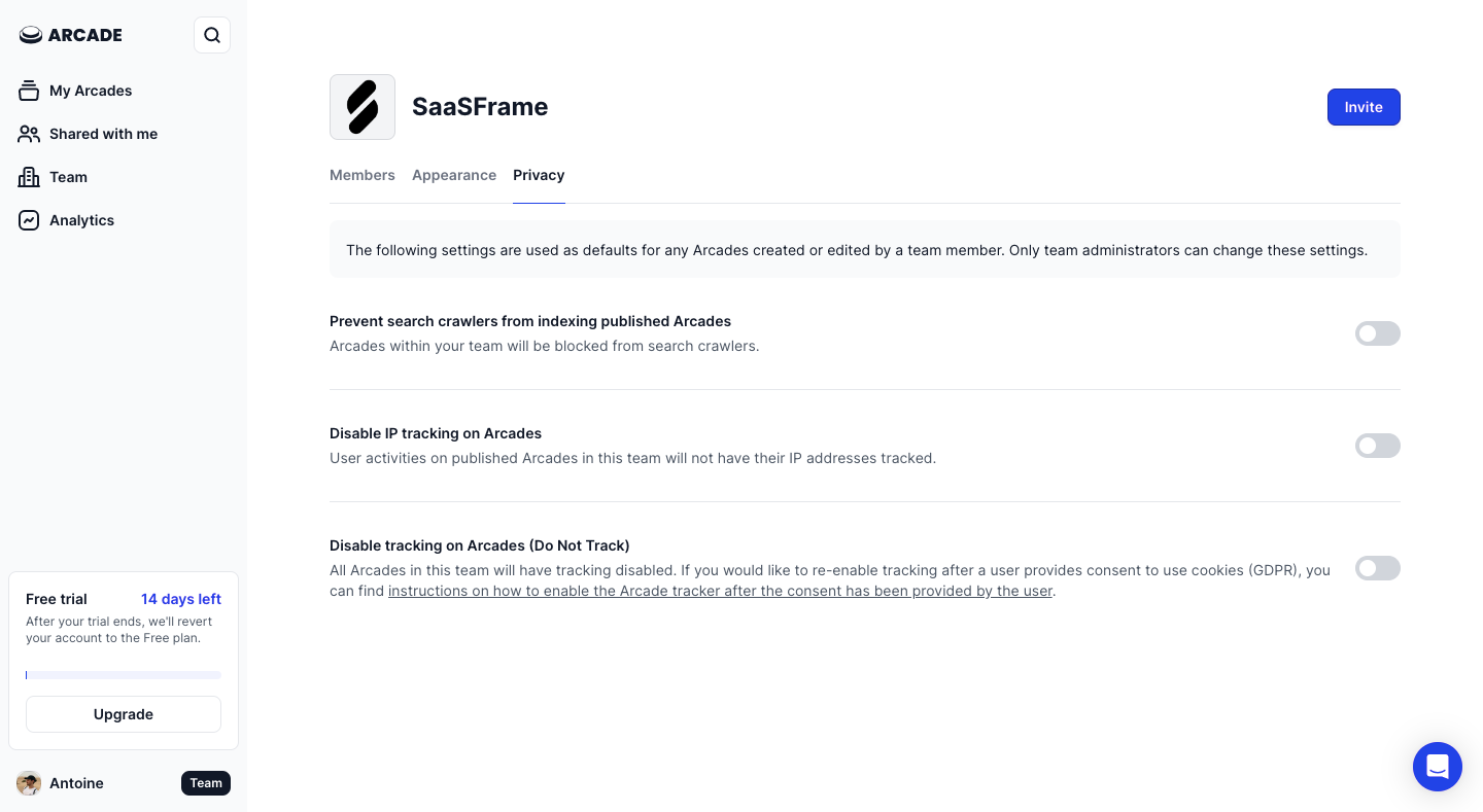Arcade Privacy Settings SaaS interface example