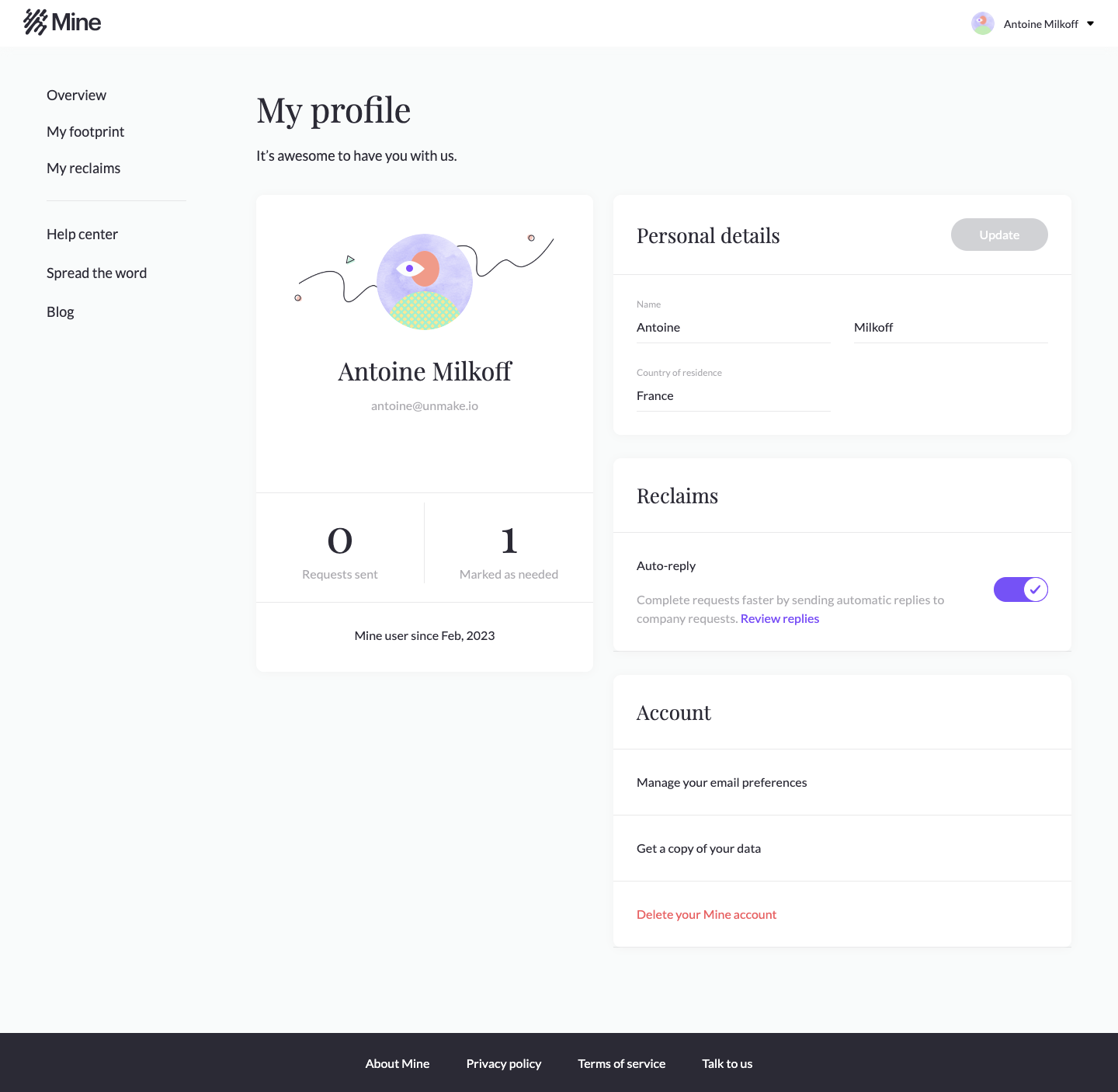 Mine Profile Settings SaaS interface example