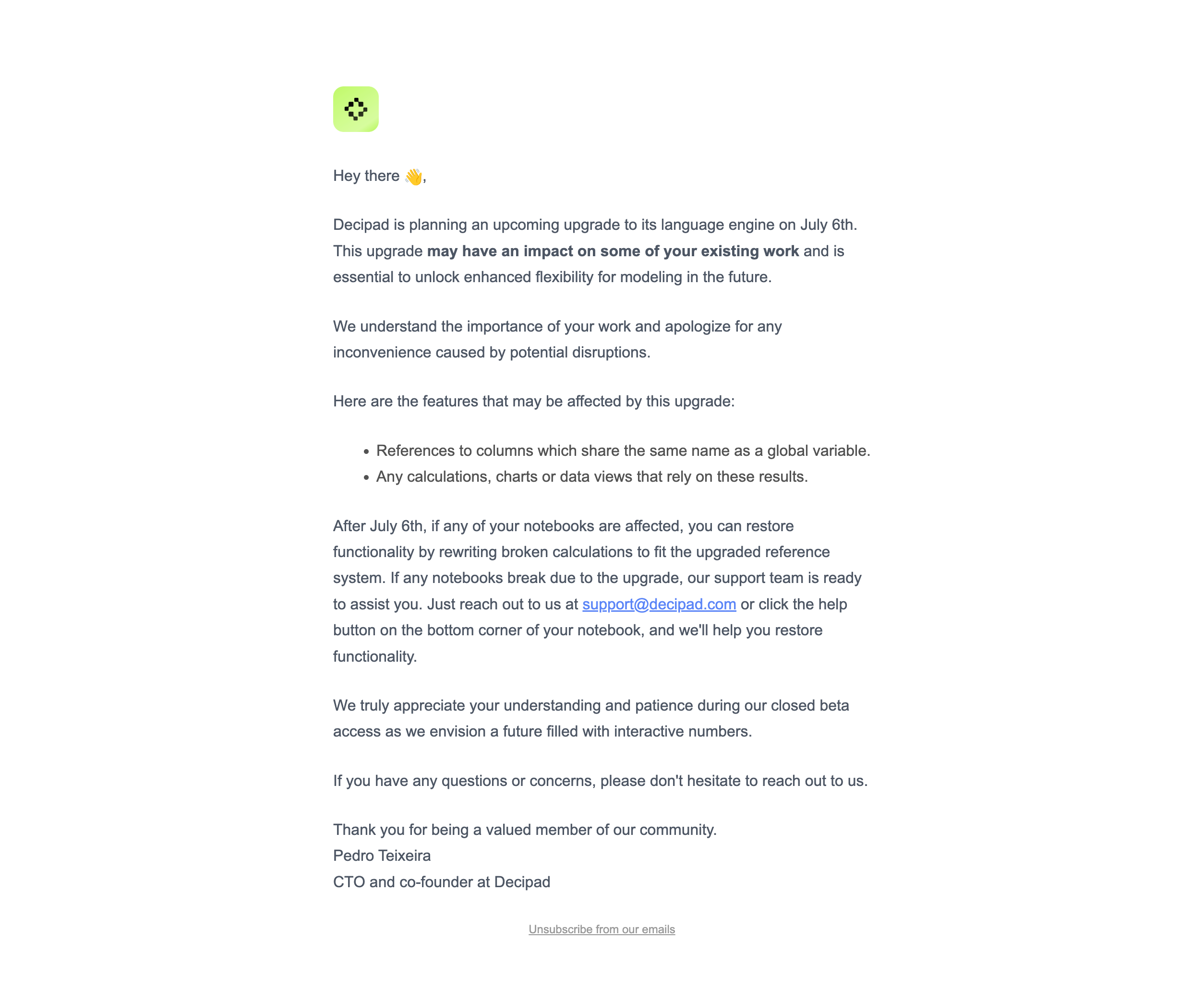 Decipad Maintenance Emails design reference captured in SaaSFrame