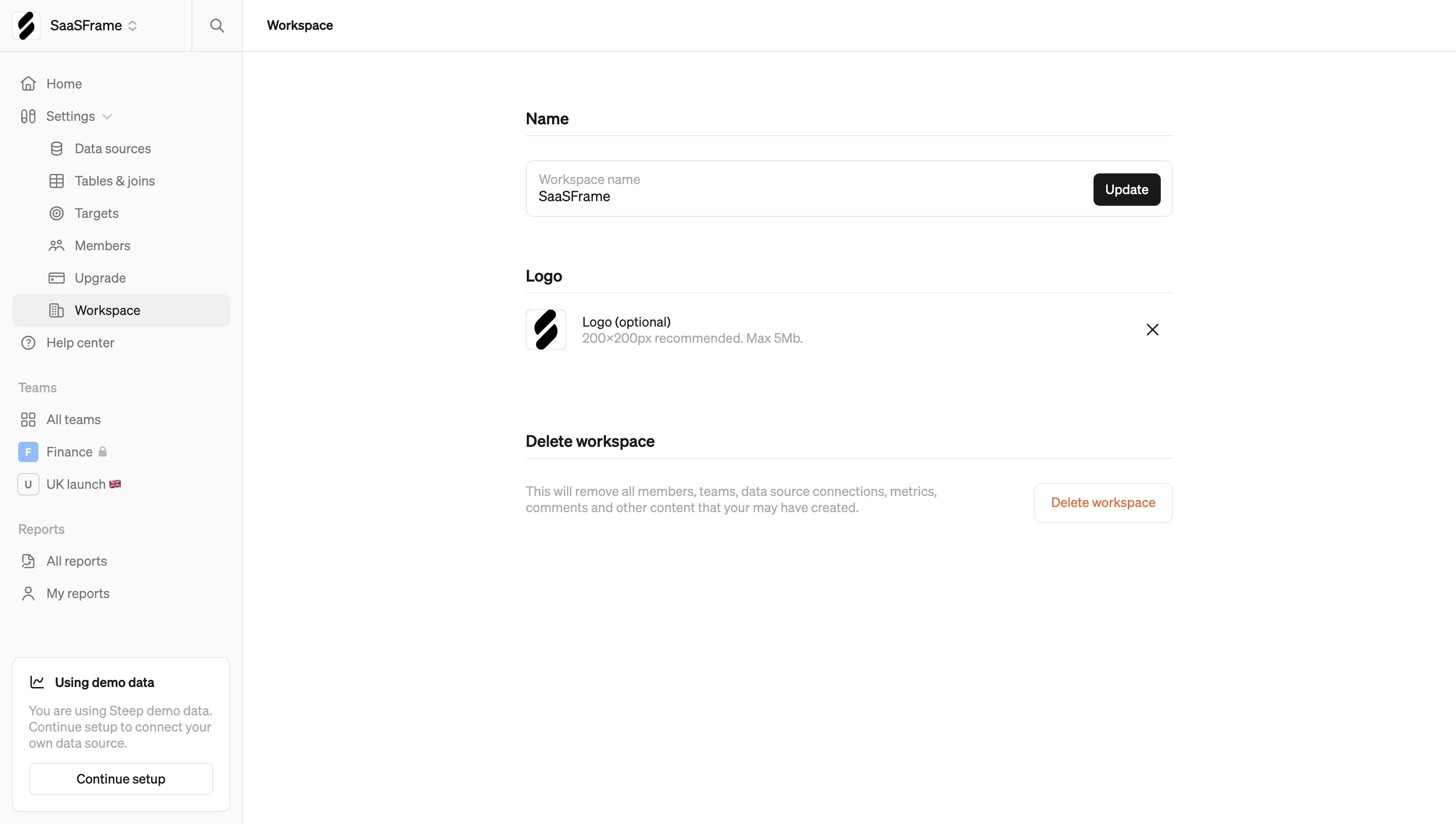 Steep workspace settings with a name-and-logo control in the top-left shell and workspace identity fields