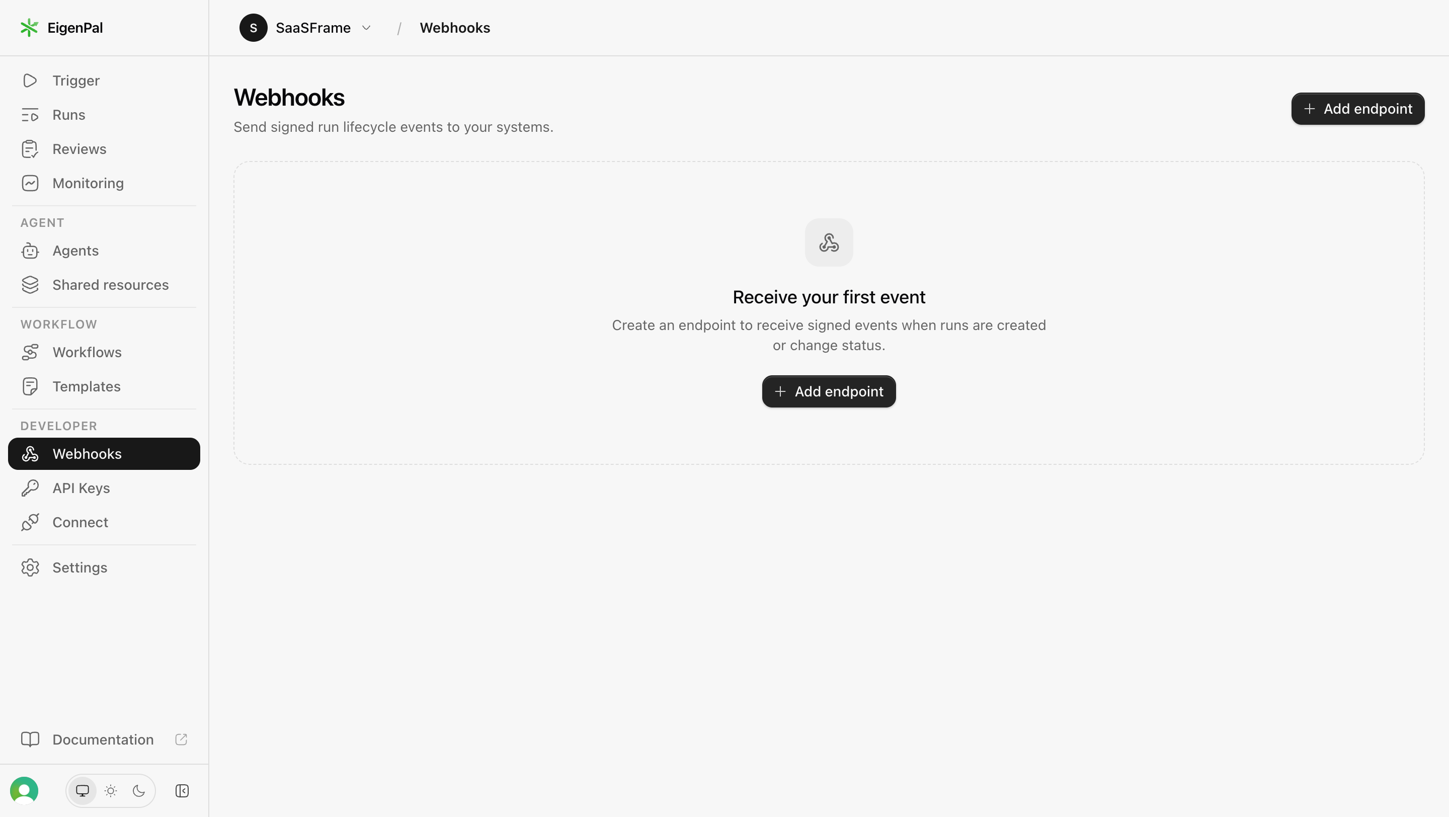 EigenPal Webhooks empty state explaining signed run events and offering an Add endpoint action