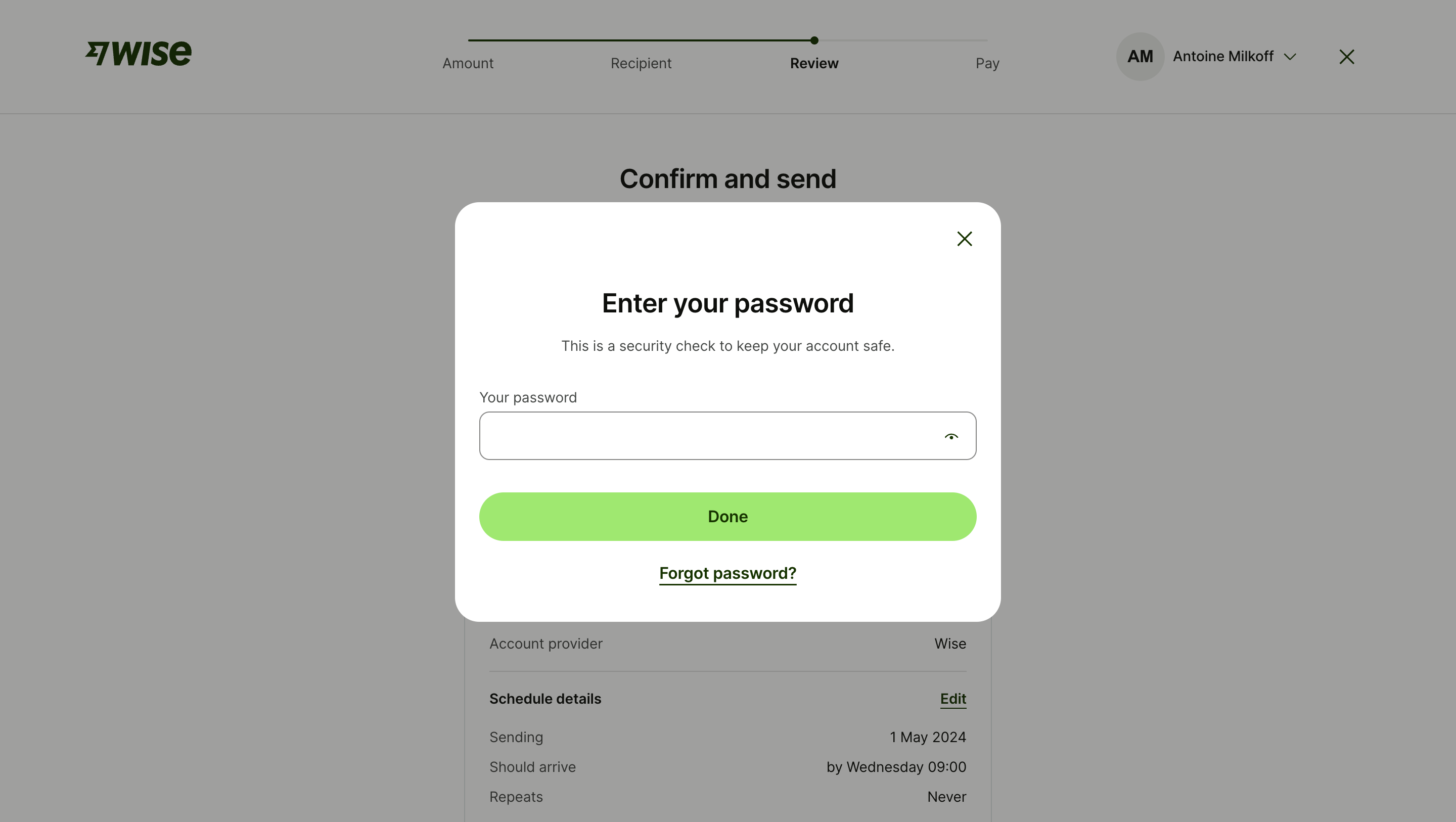 Wise password security-check modal during transfer review with a Forgot password link