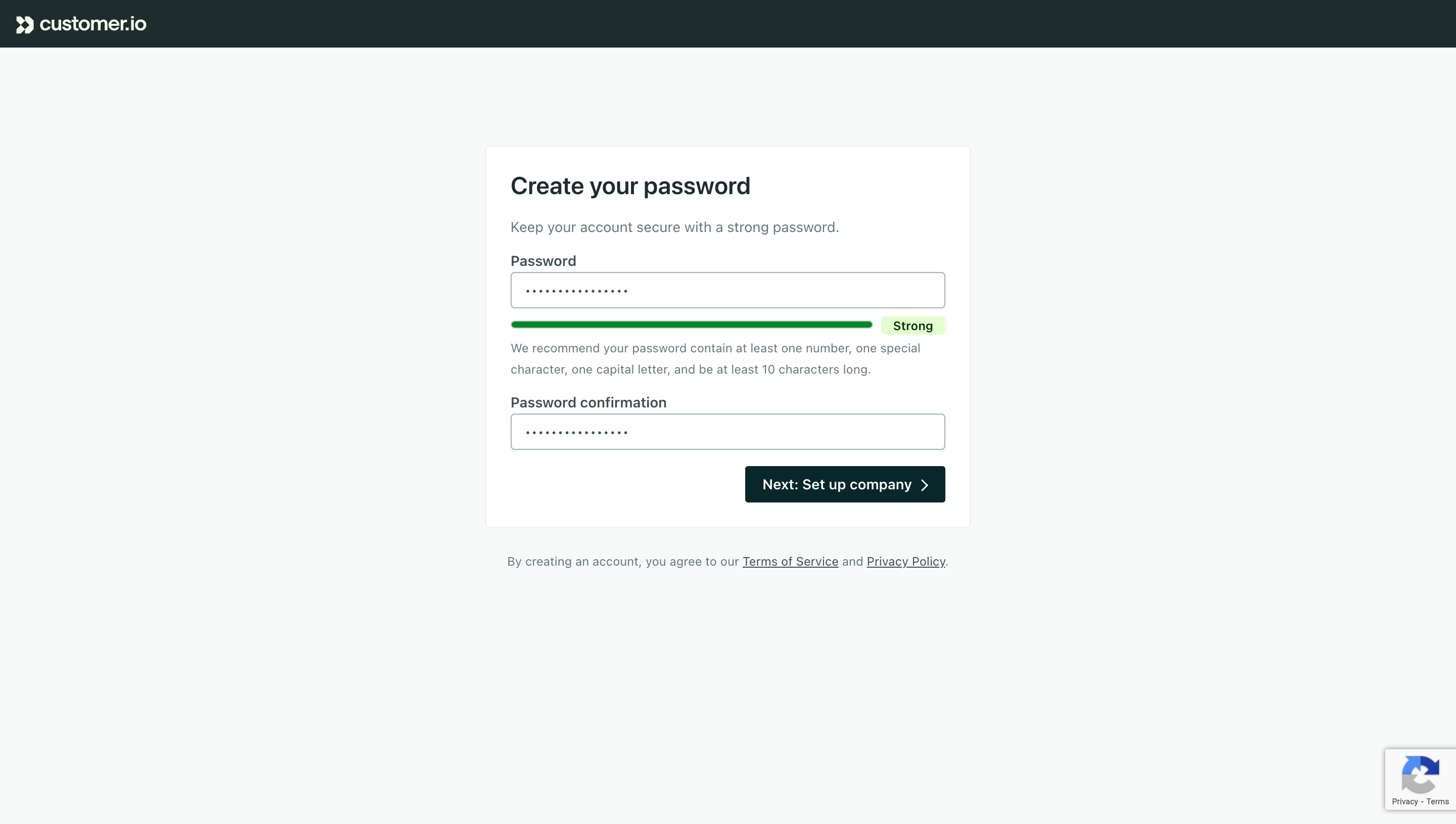 Customer.io password creation screen with a Strong indicator, password guidance, confirmation field, and company setup action