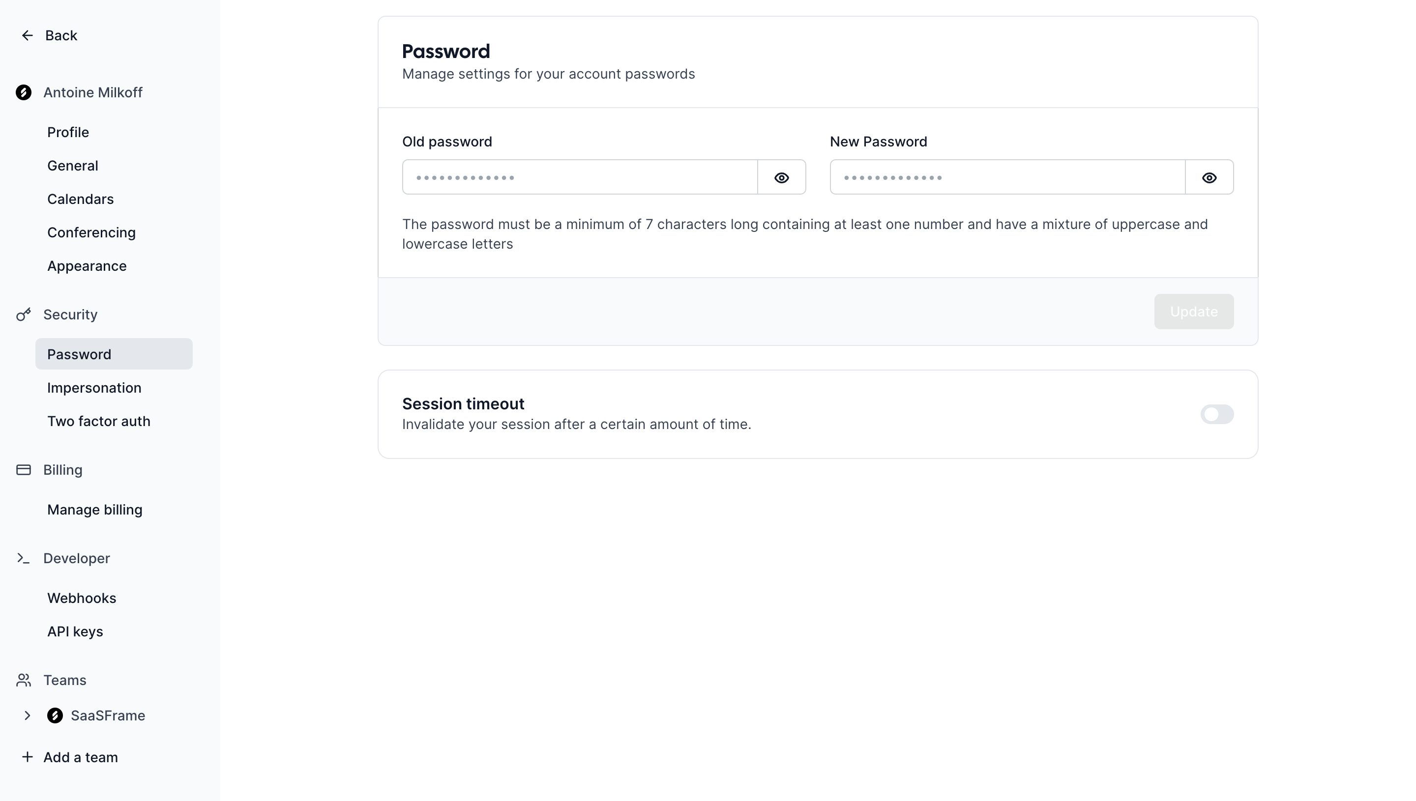Cal.com password settings with separate old and new password fields, eye controls, and a session timeout setting