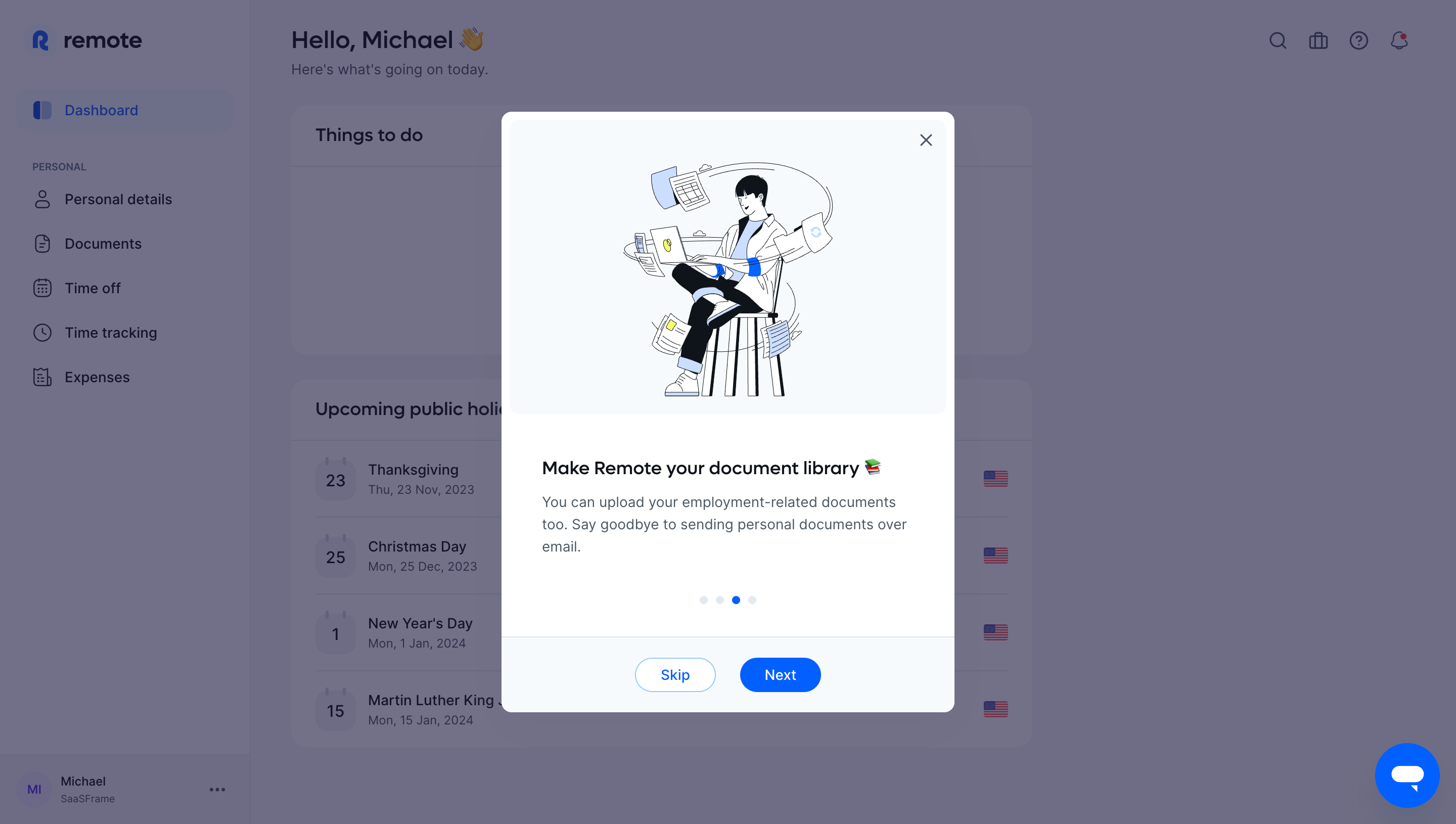 Remote product-tour modal about the document library with the third of four dots highlighted and Skip and Next buttons