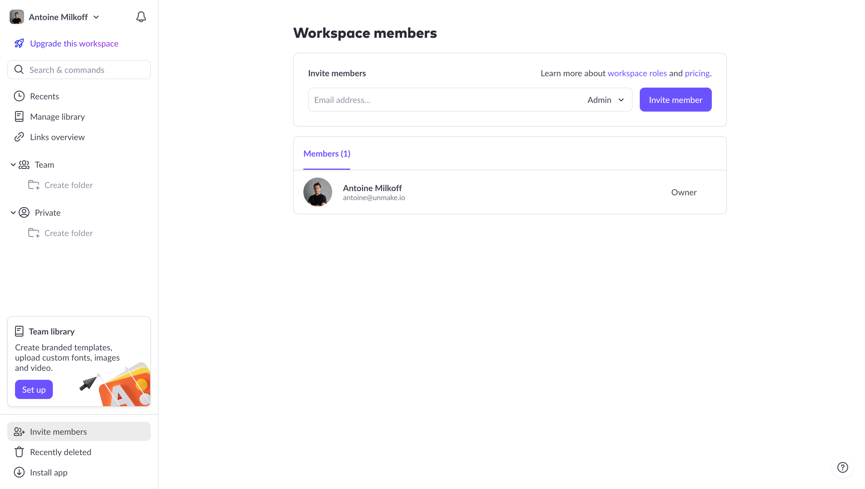 Pitch workspace-members page with a personal-name control in the sidebar and workspace invitation controls