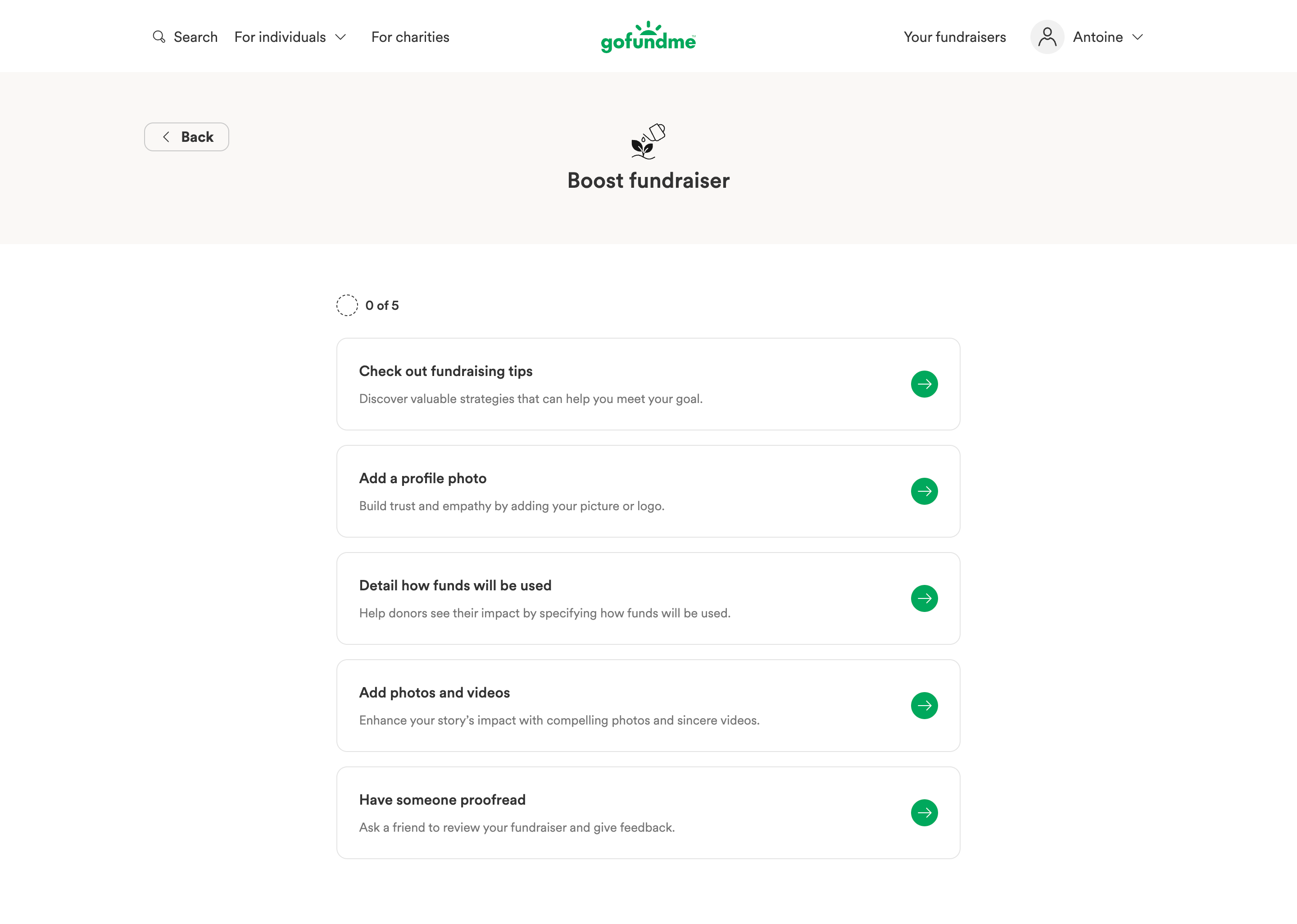 GoFundMe Boost fundraiser checklist showing zero of five and task cards with explanations and arrow actions