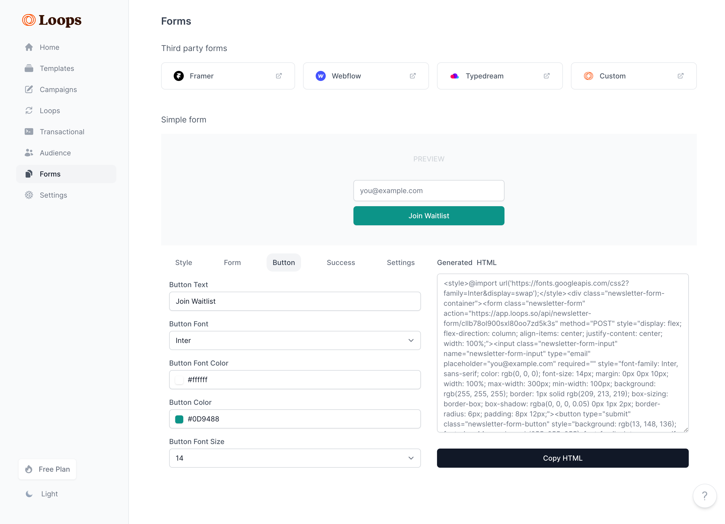 Loops form builder with an email-only Join Waitlist preview, button settings, success configuration tab, generated HTML, and Copy HTML action