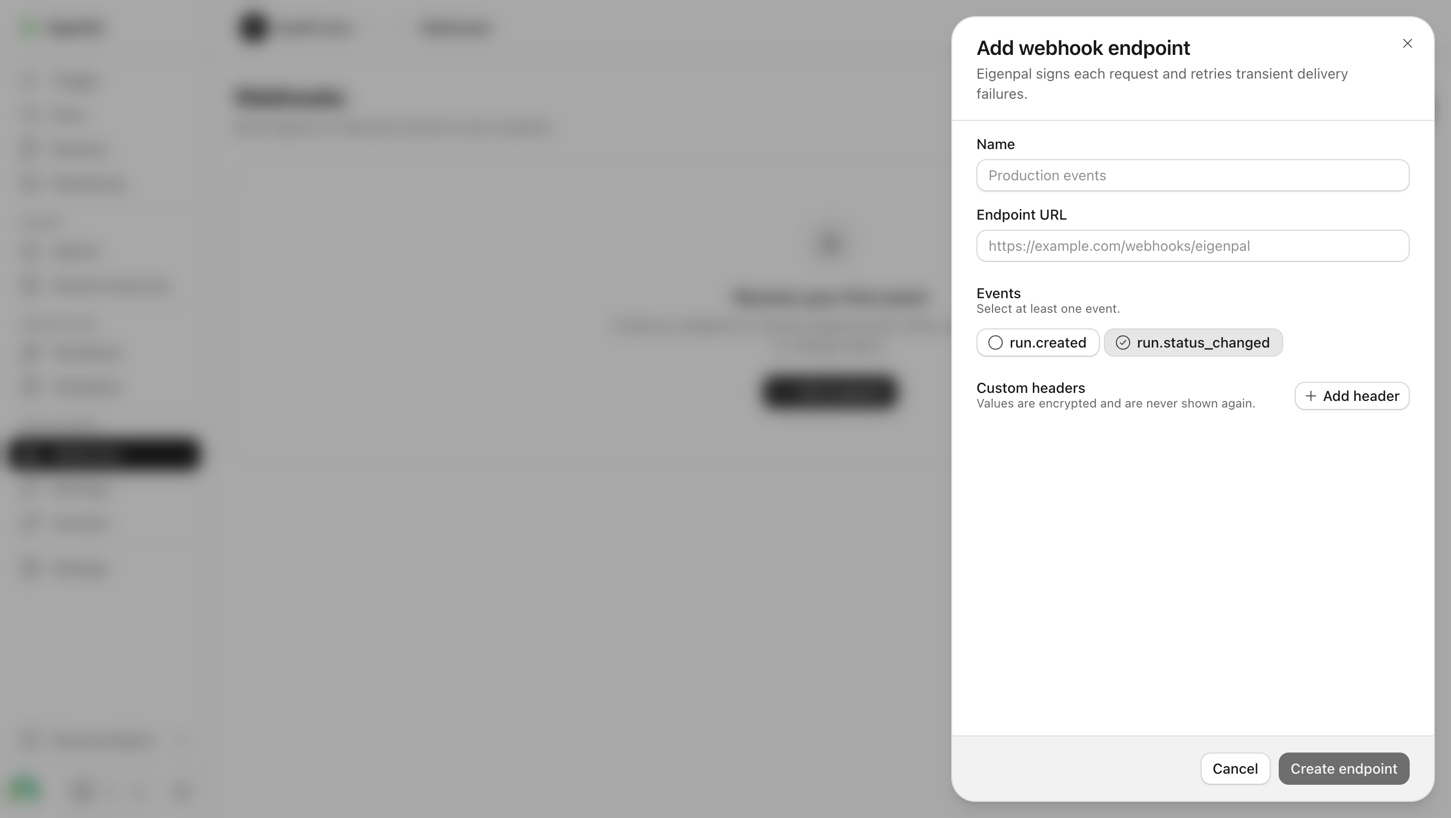 EigenPal Add webhook endpoint panel with Name, Endpoint URL, event selection, custom headers, Cancel, and Create endpoint