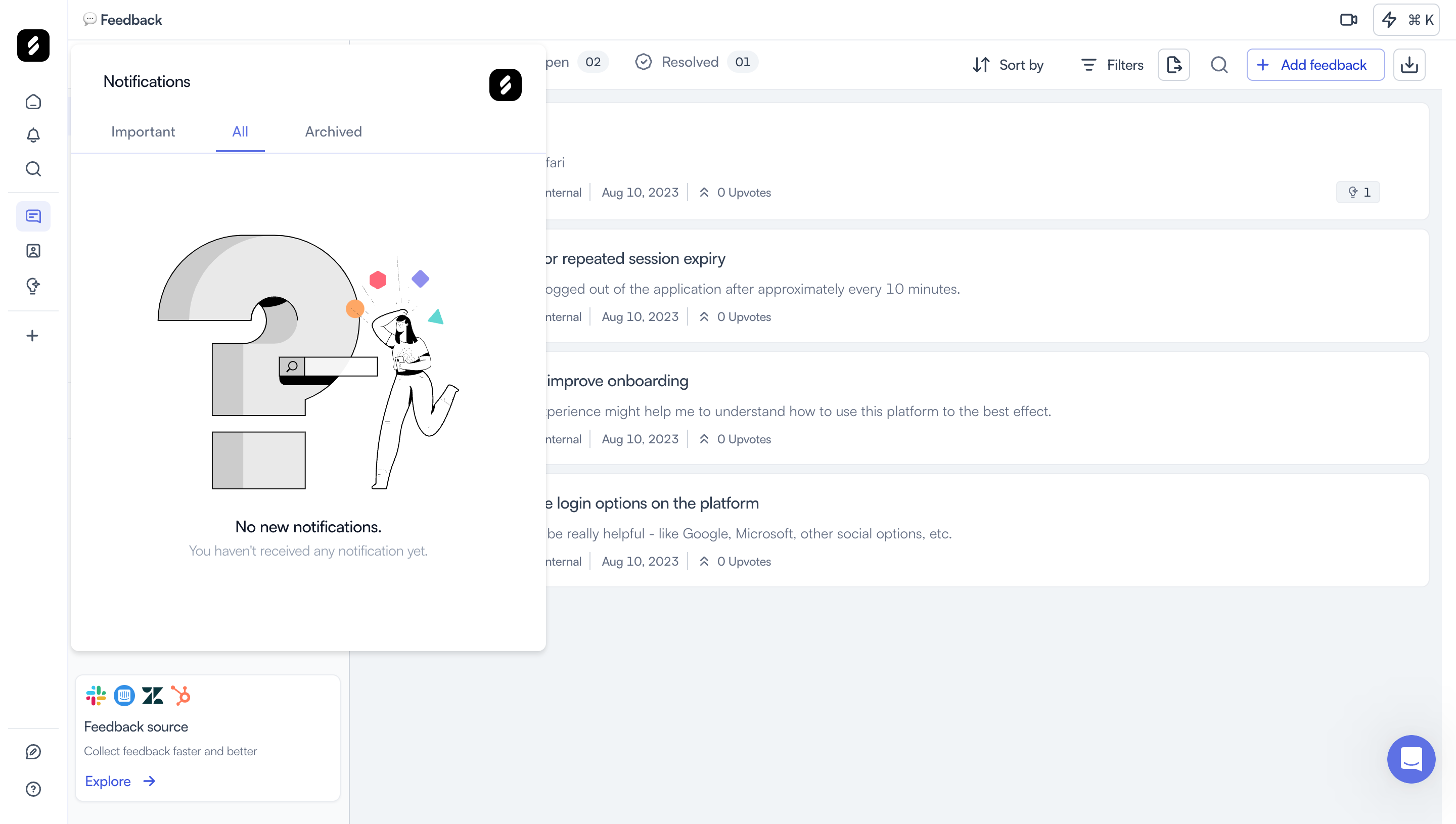 Zeda.io Notifications panel with Important, All and Archived tabs, All selected, and an empty state explaining that no notifications have been received