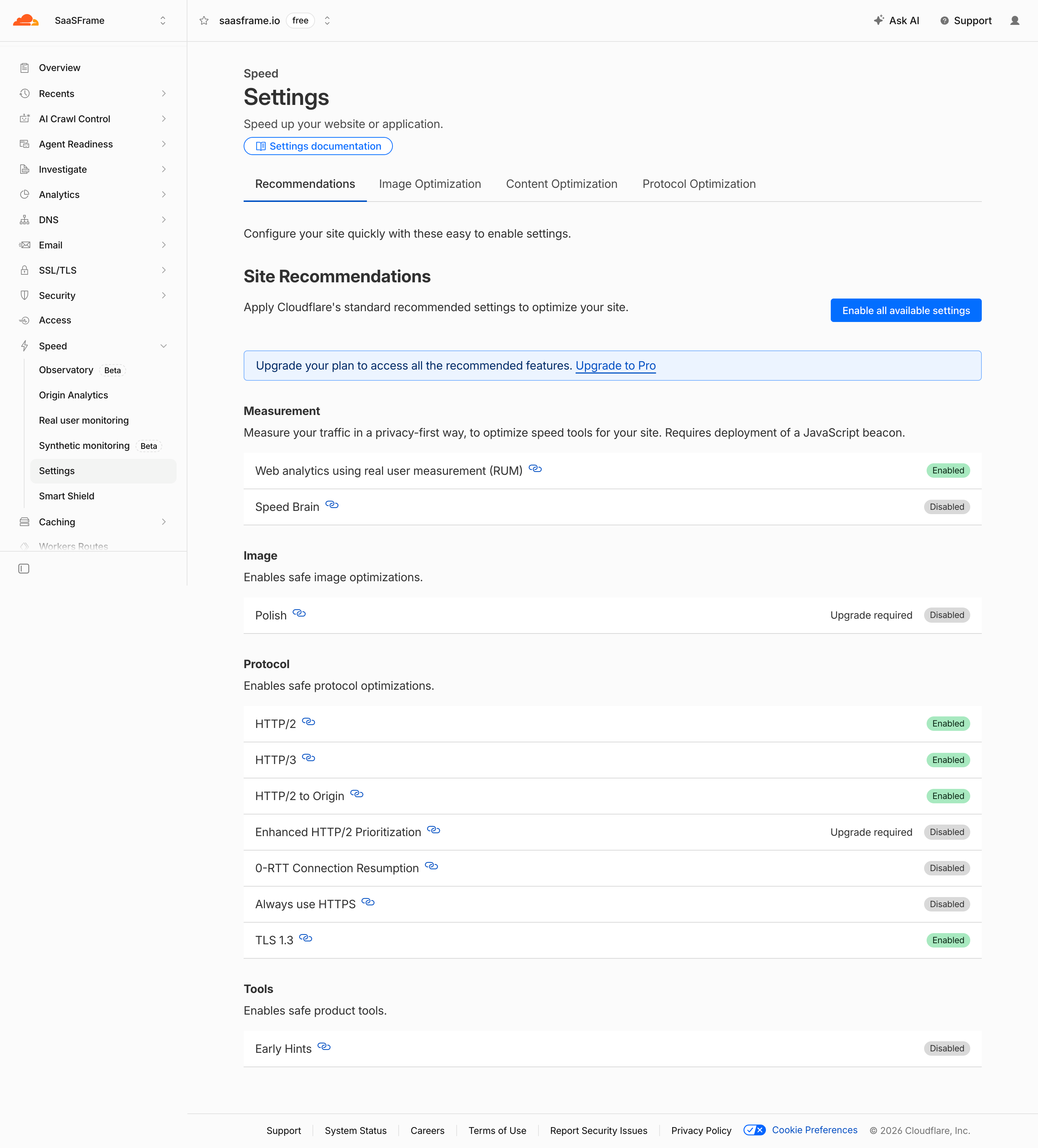 Cloudflare domain sidebar with Speed expanded and Settings highlighted among related monitoring destinations