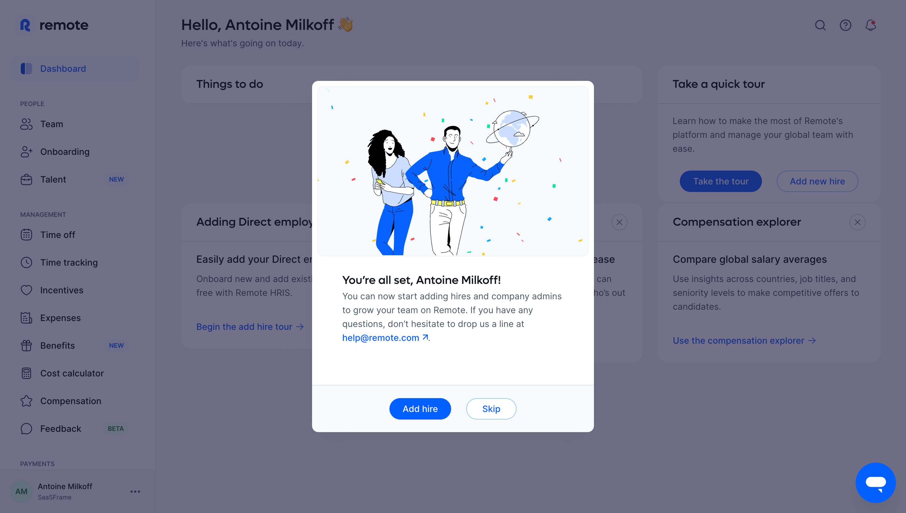 Remote setup-completion welcome modal explaining that hires and company admins can be added, with Add hire and Skip actions