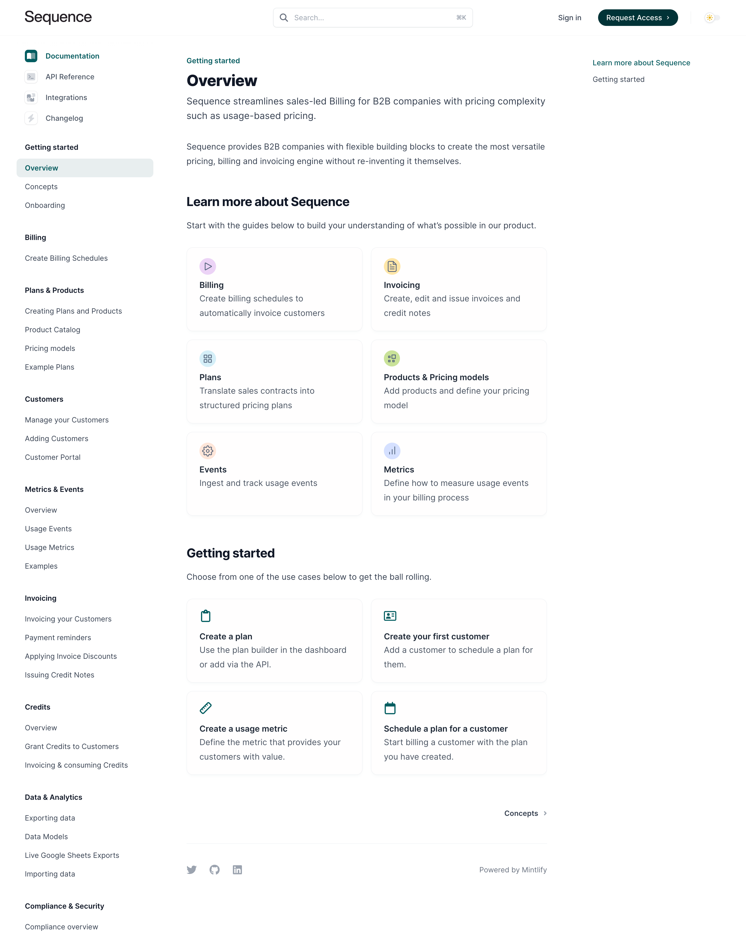 Sequence documentation overview separating Events, Metrics, Plans, Billing, Invoicing, and related setup routes