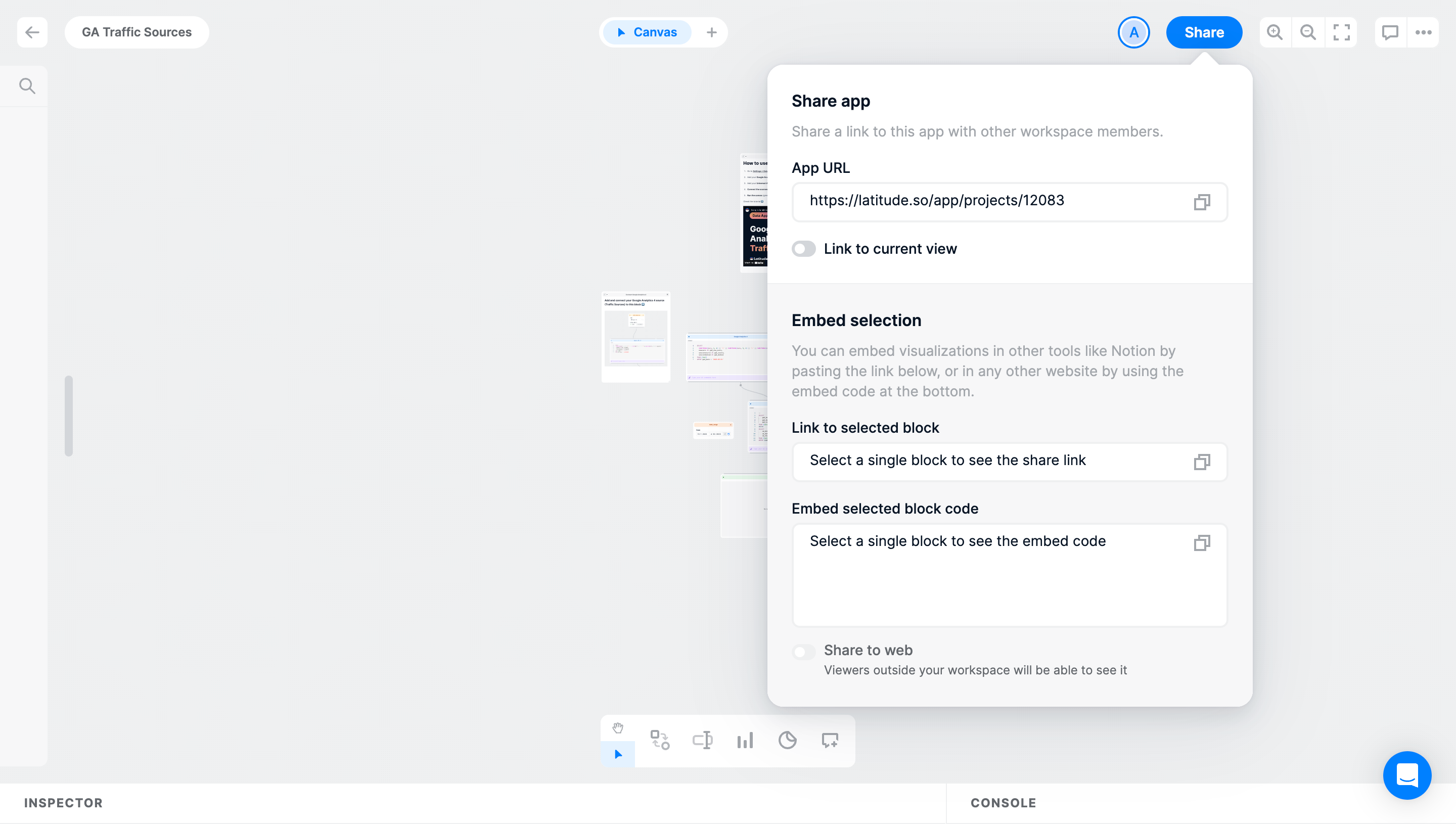 Latitude sharing panel with app URL, Link to current view, selected-block link and embed code fields, and Share to web explanation