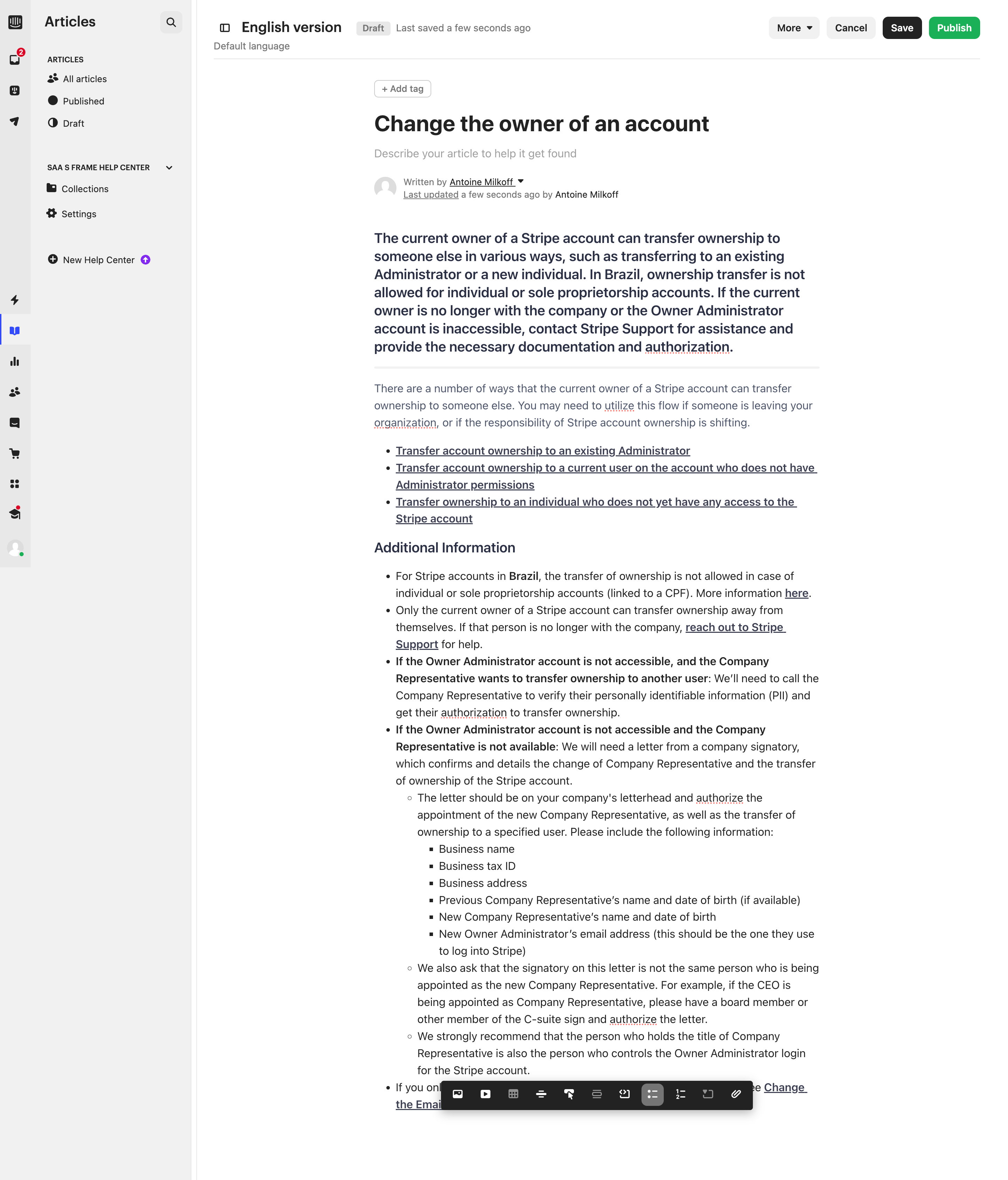 Intercom Article Editor with a formatted article, nested lists and links, English version and Draft indicators, and separate Save and Publish buttons