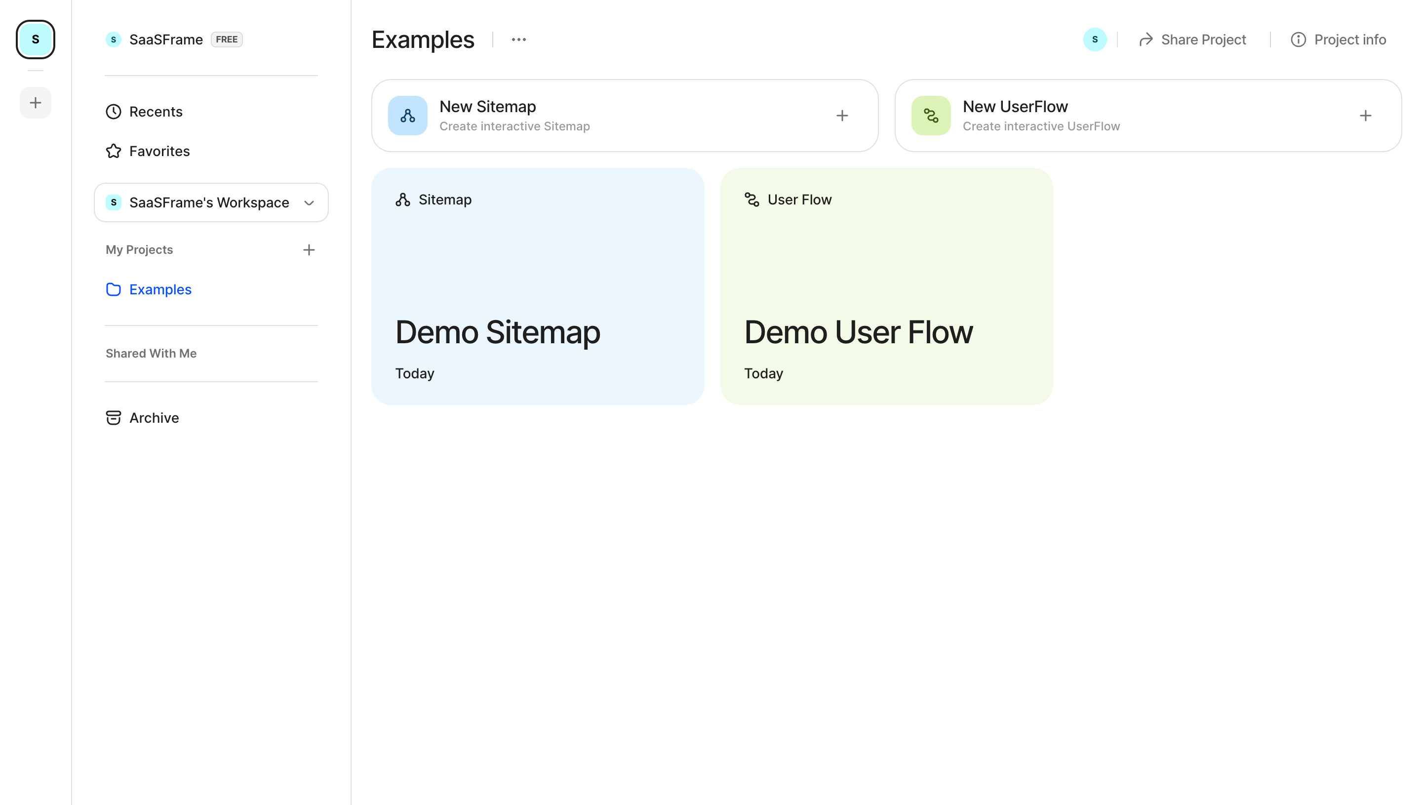 FlowMapp dashboard with separate Recents and Favorites links in the left sidebar beside workspace and project navigation