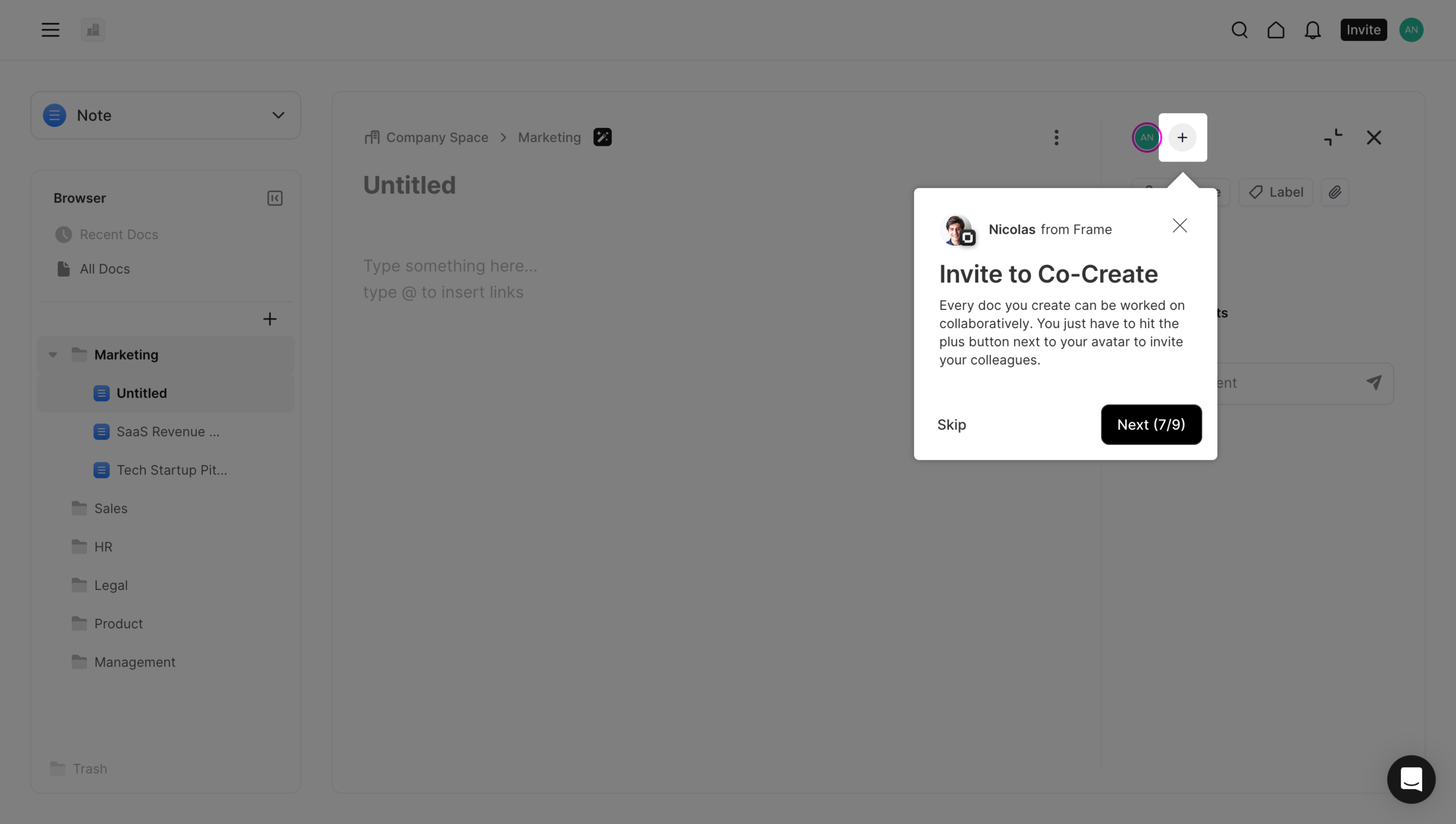 Frame note editor with Company Space and Marketing as a path above the separate Untitled document heading, and Marketing expanded in the left browser
