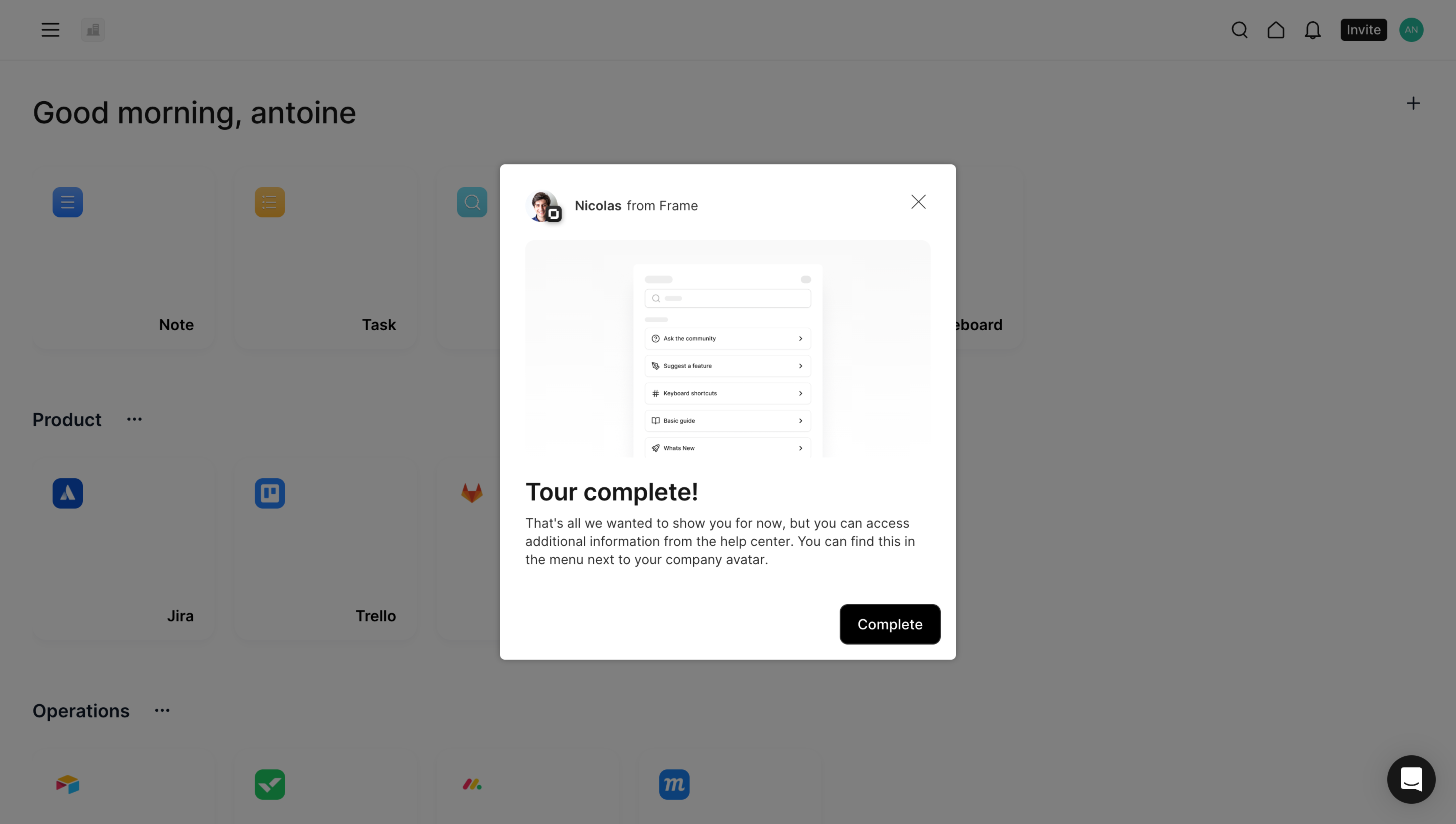 Frame Tour complete modal explaining where to find additional help through the company-avatar menu, with a Complete button