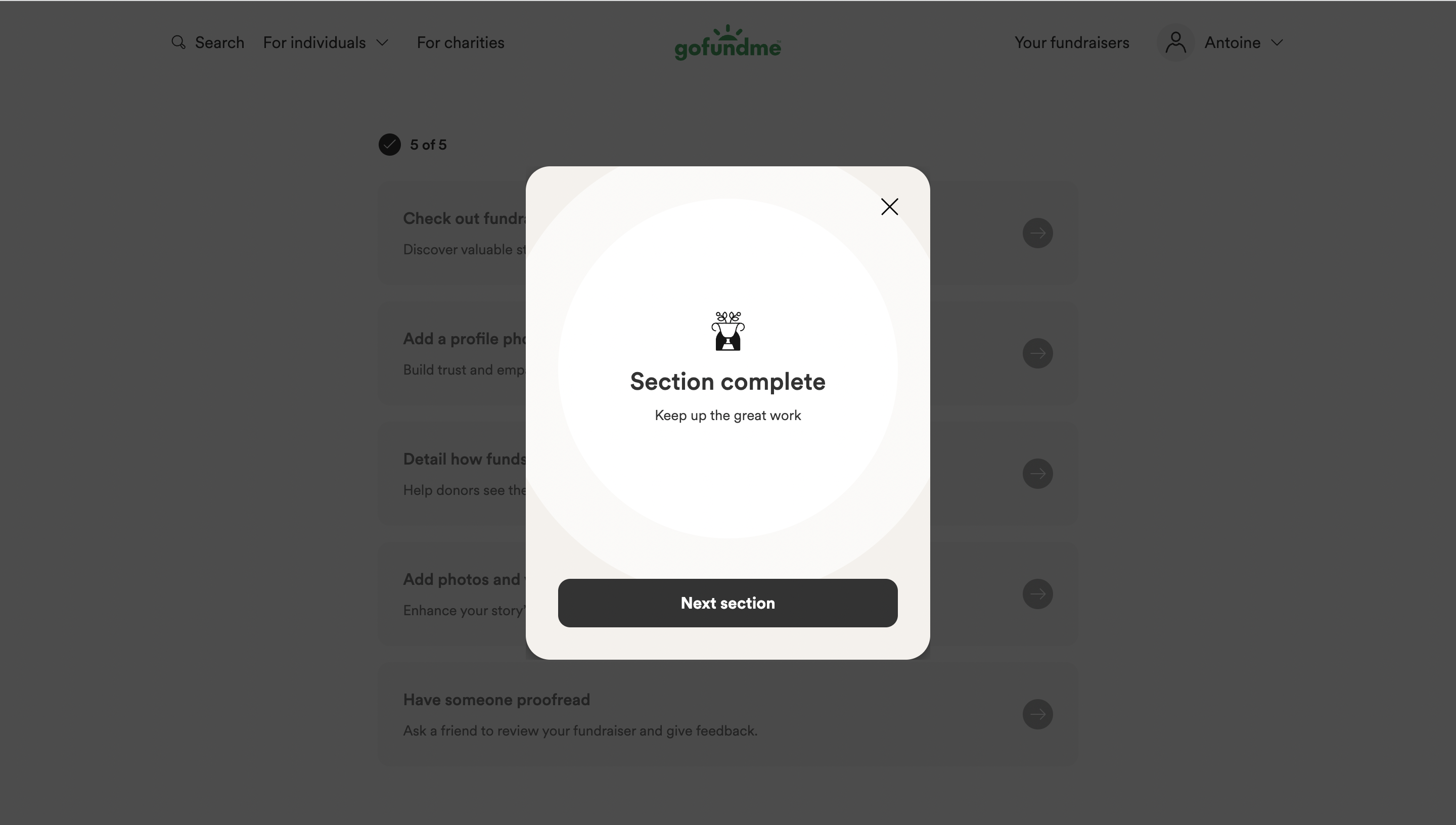 GoFundMe Section complete modal over a five-of-five checklist with a Next section button