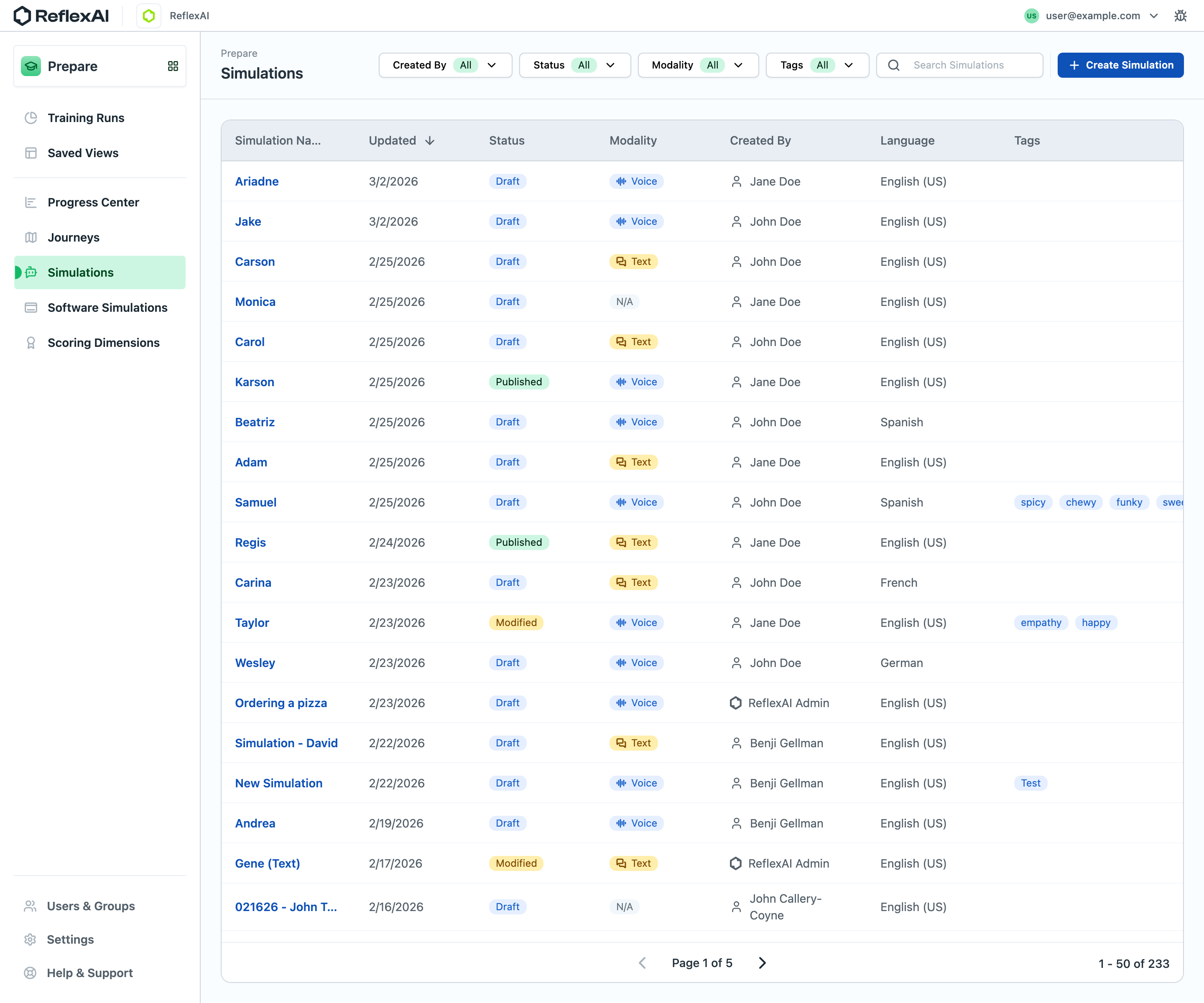 ReflexAI simulation-management grid with linked record names, update dates, text status chips, modality, creator, language, tags, and filters above.