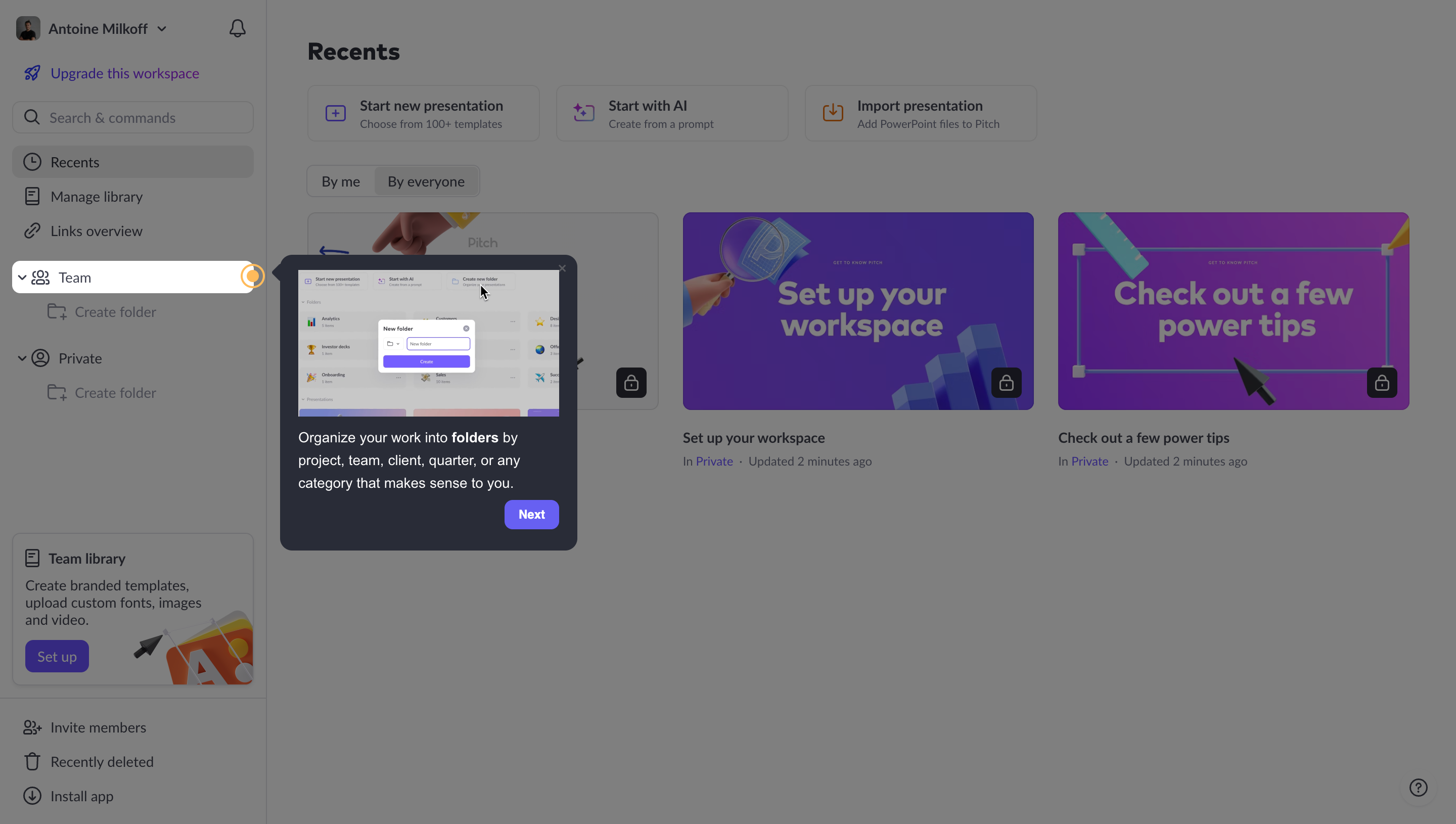Pitch tour highlighting the Team sidebar area with a callout explaining folders, an inset folder-creation illustration and a Next button