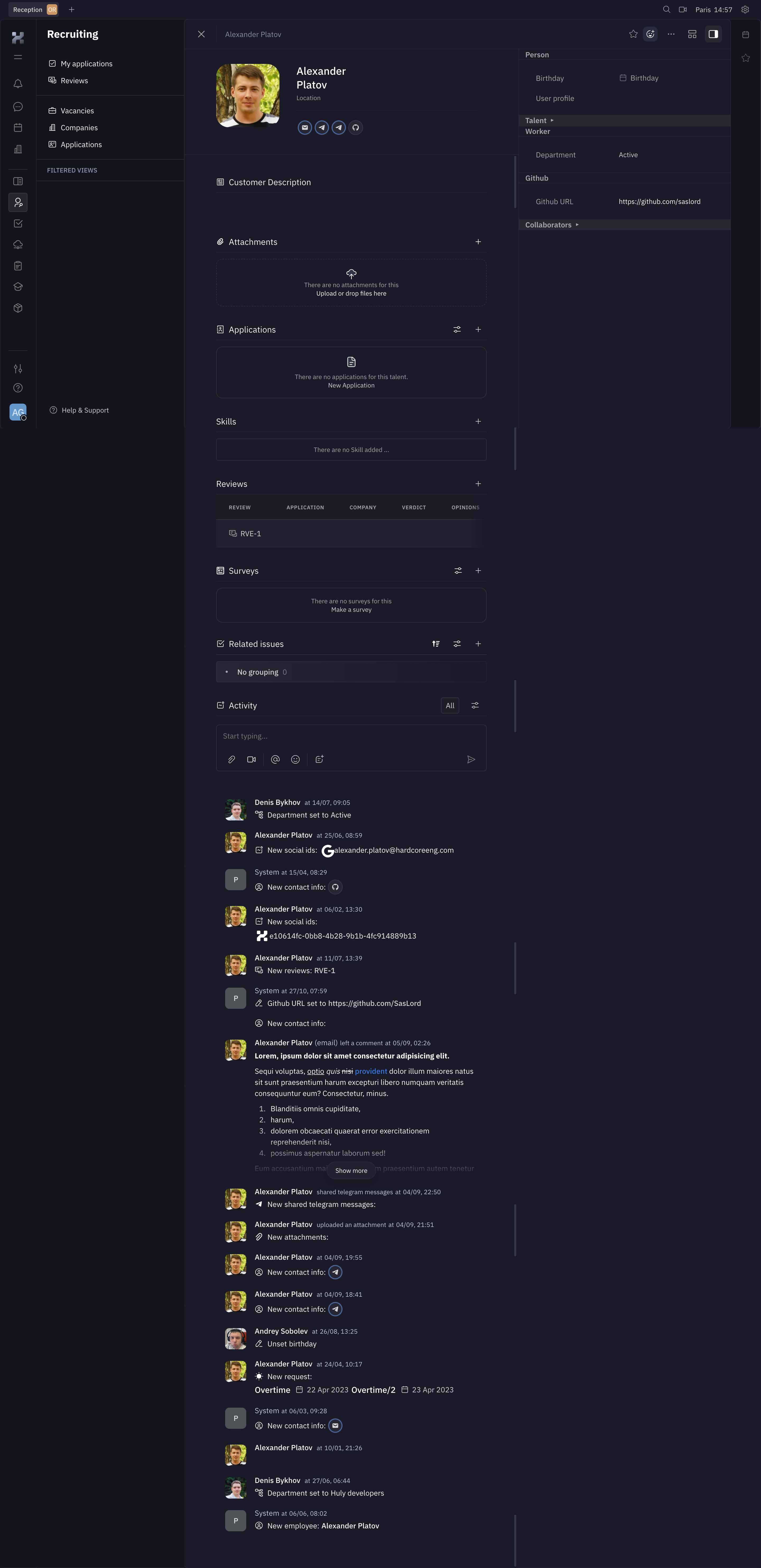Huly recruiting person detail page with identity, related applications, attachments, reviews, attributes, and activity history