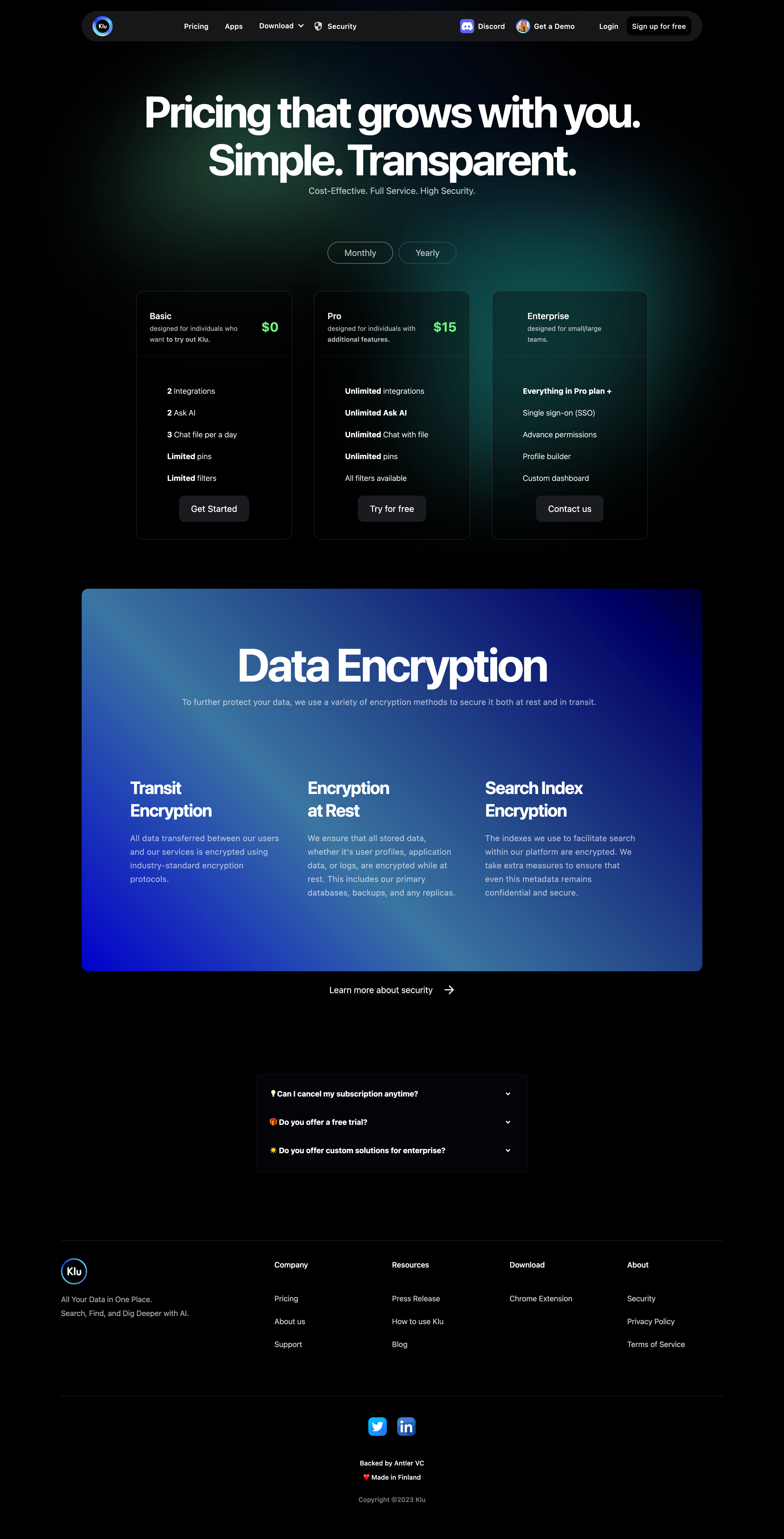 Klu pricing page showing a Monthly and Yearly selector above Basic, Pro, and Enterprise cards.