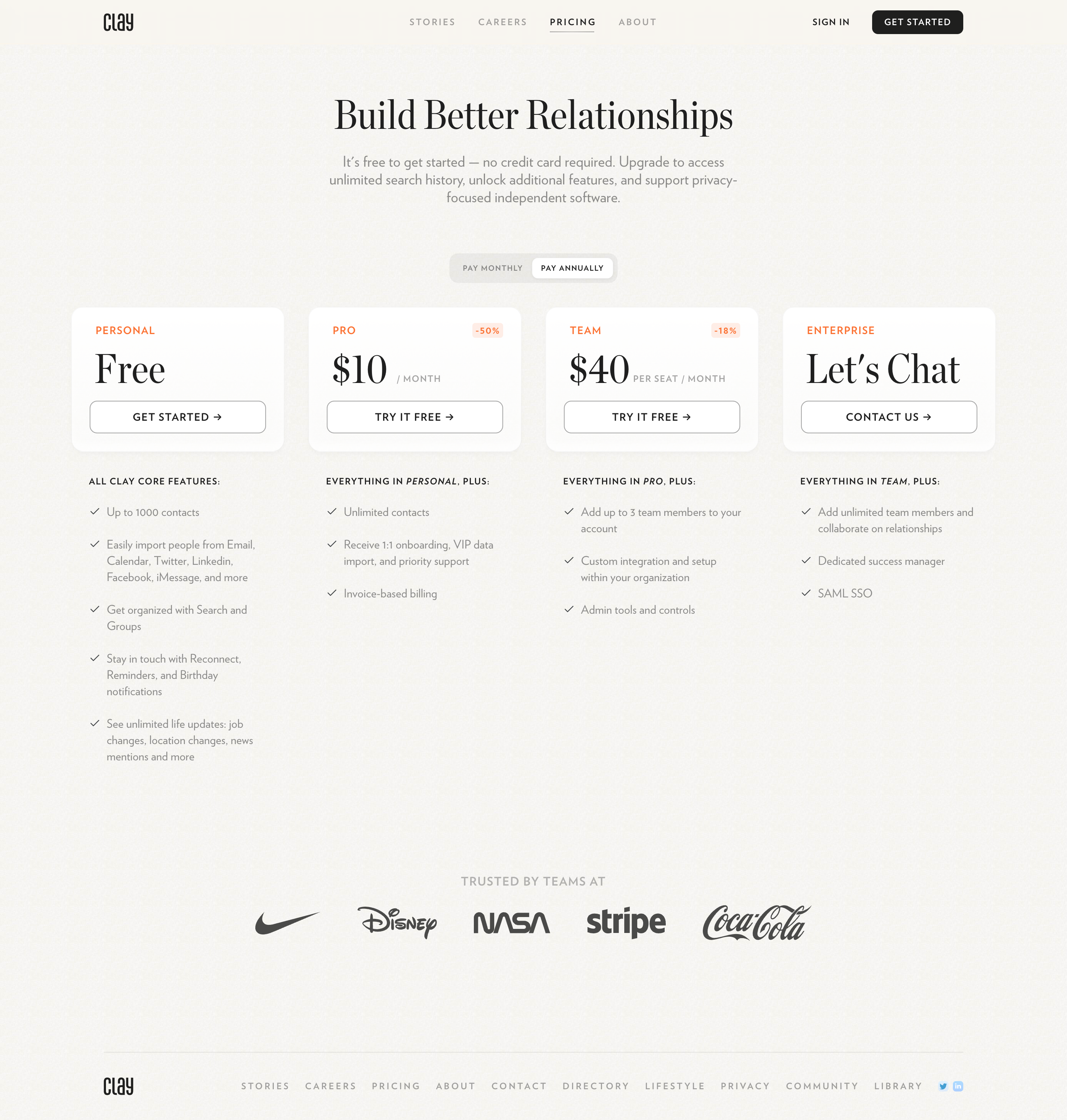 Clay pricing page with Pay Monthly and Pay Annually controls above Personal, Pro, Team, and Enterprise plans.