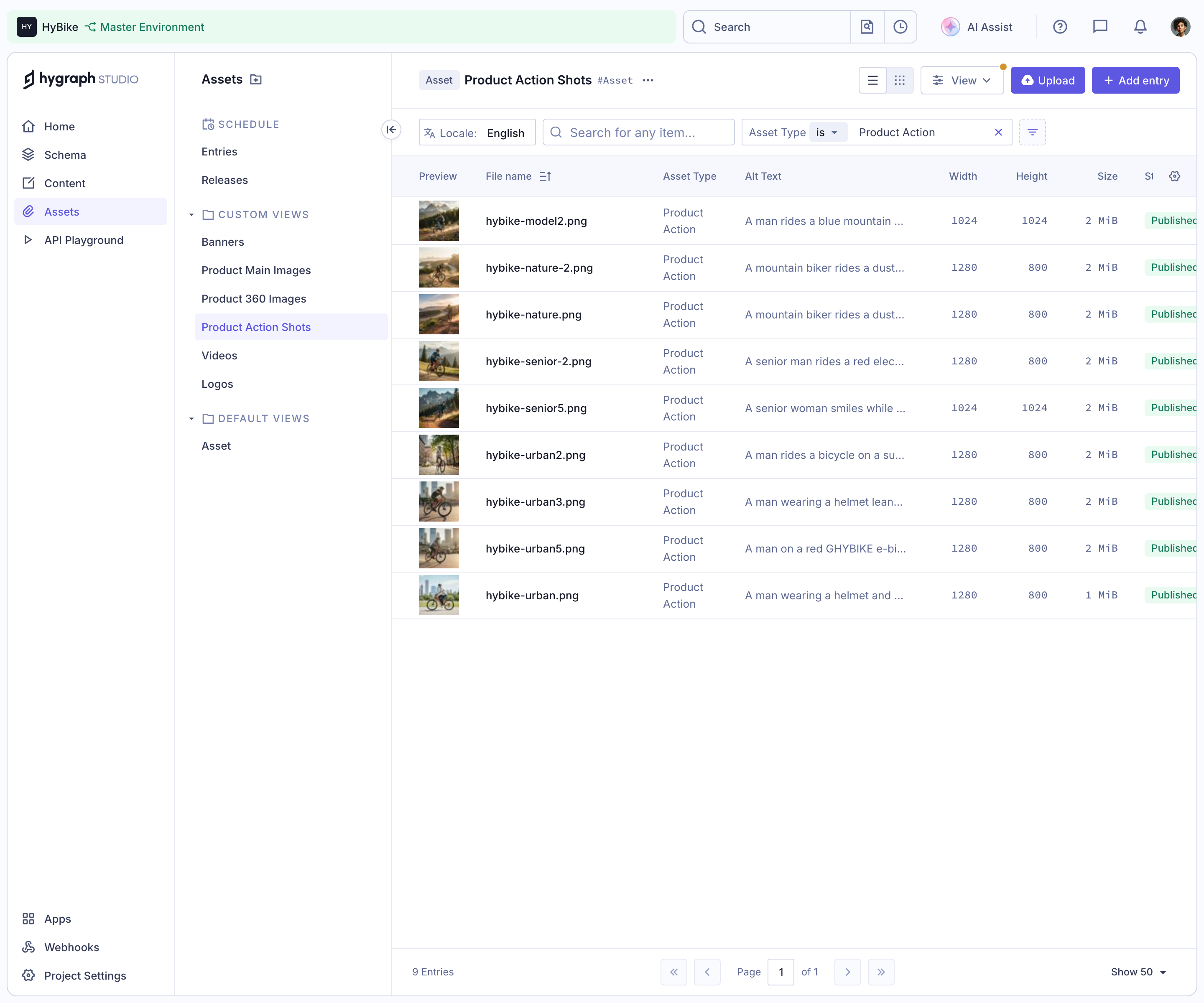 Hygraph asset library in table view with previews, filenames, asset type, alternative text, dimensions, file size, and status columns.