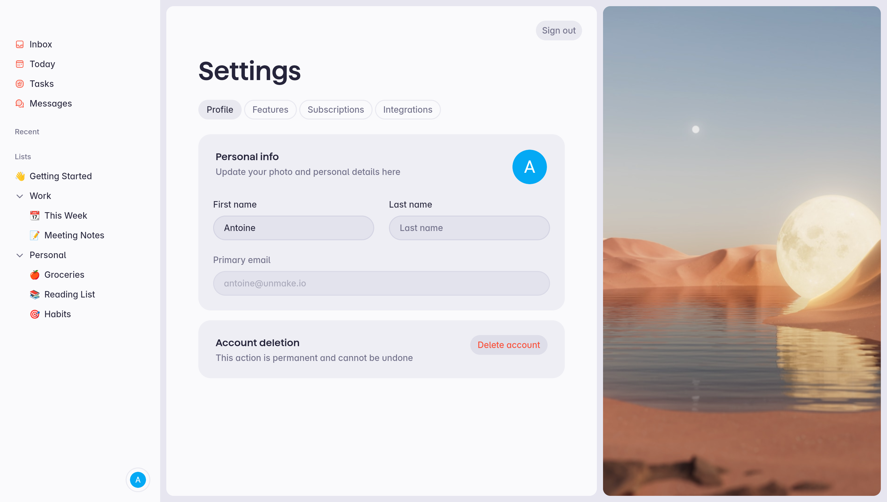 Superlist Profile settings with first and last names, primary email, avatar, and a separate account-deletion panel