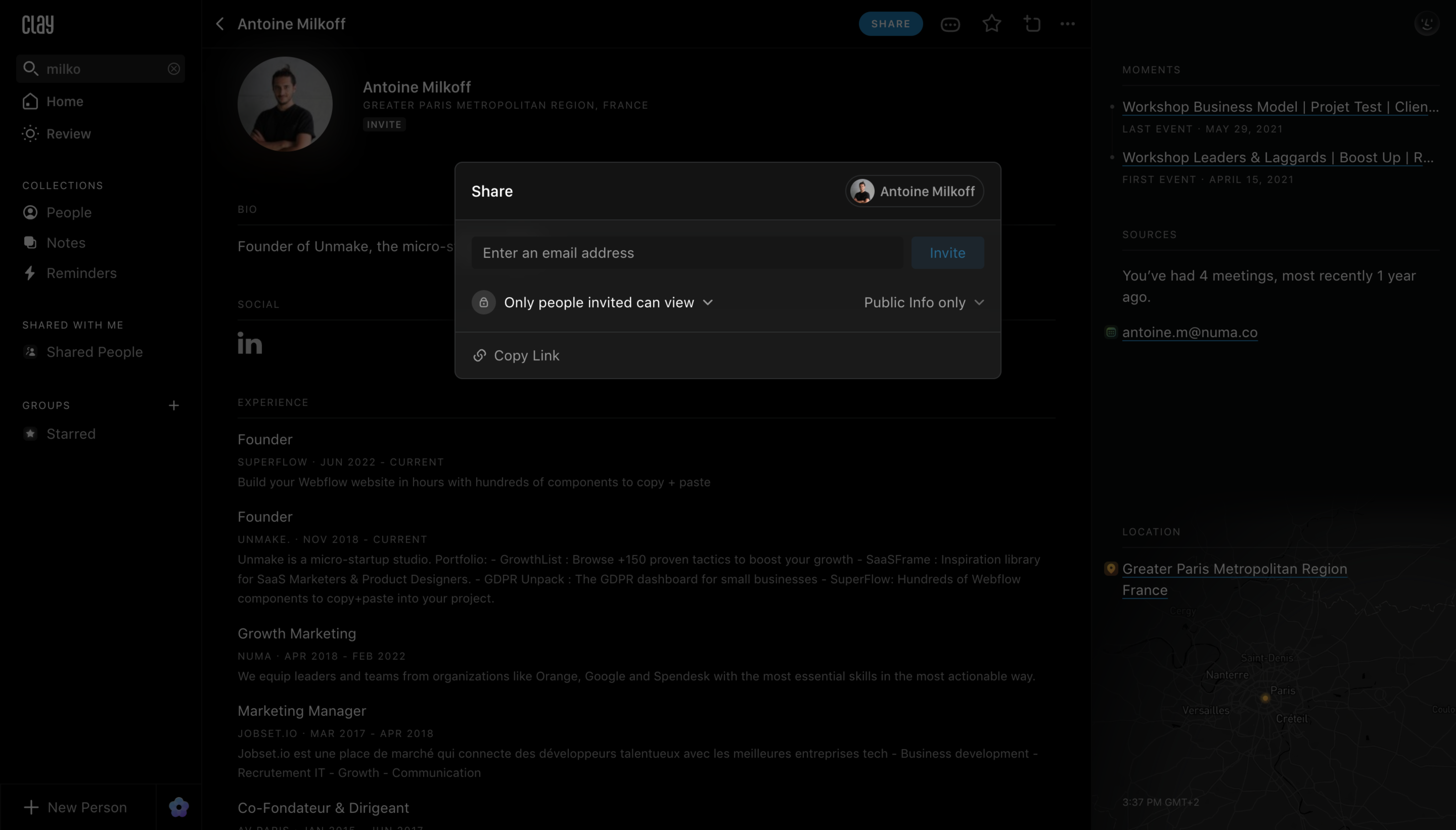 Clay contact sharing dialog with email invitation, Only people invited can view, Public Info only, and Copy Link