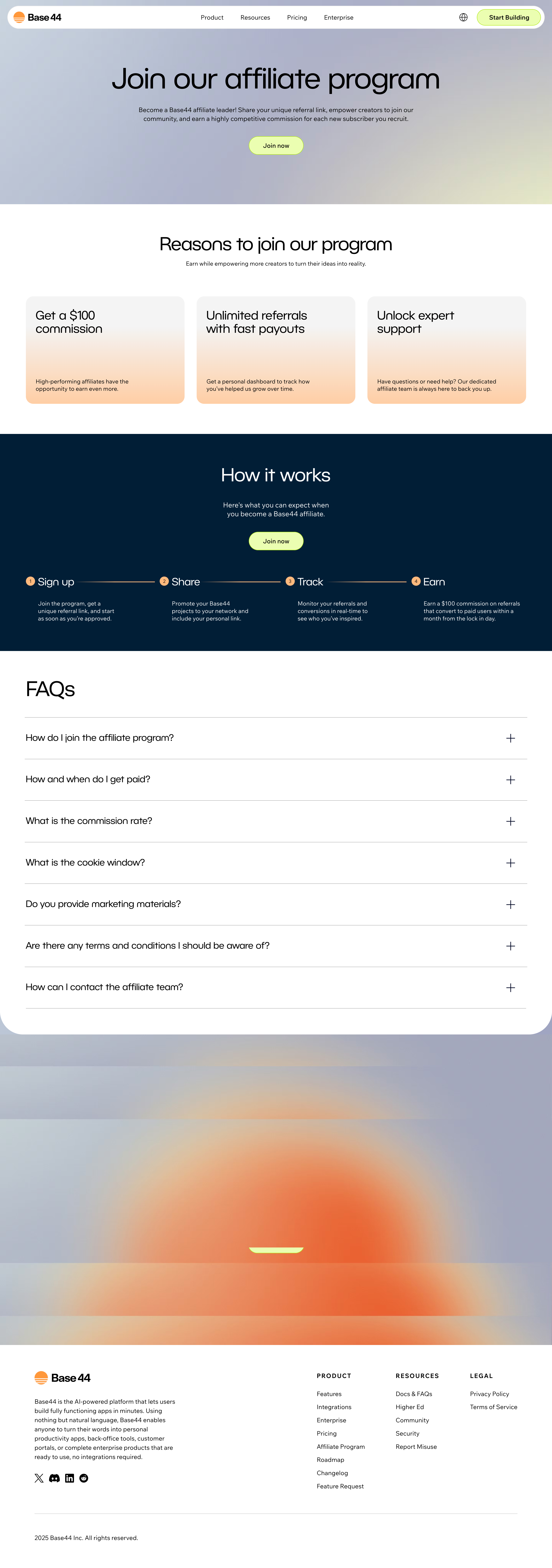 Base44 affiliate page with commission benefits and a four-step Sign up, Share, Track, Earn process.