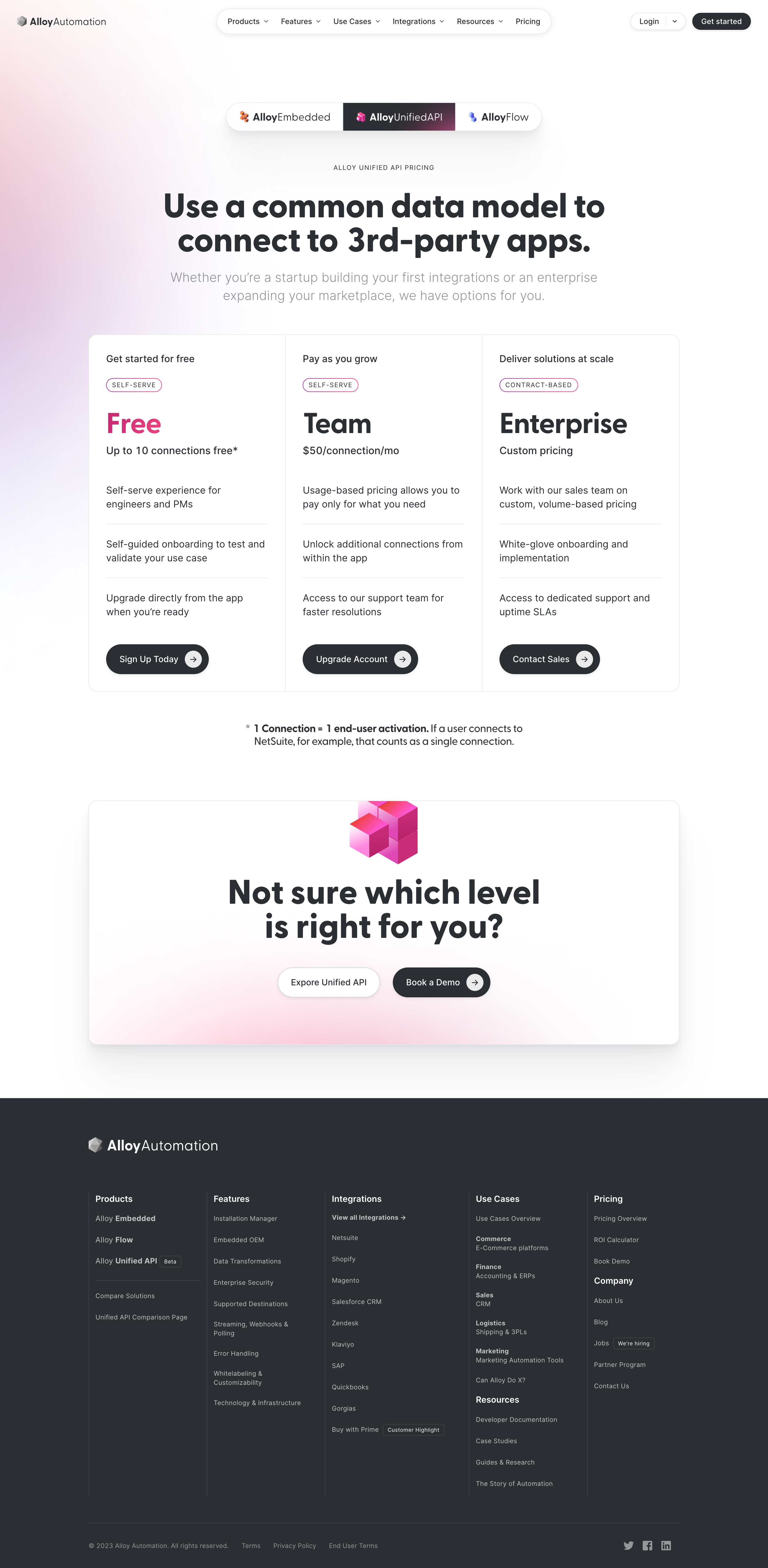 Alloy Unified API pricing page with Free, Team, and Enterprise options and a footnote defining a connection