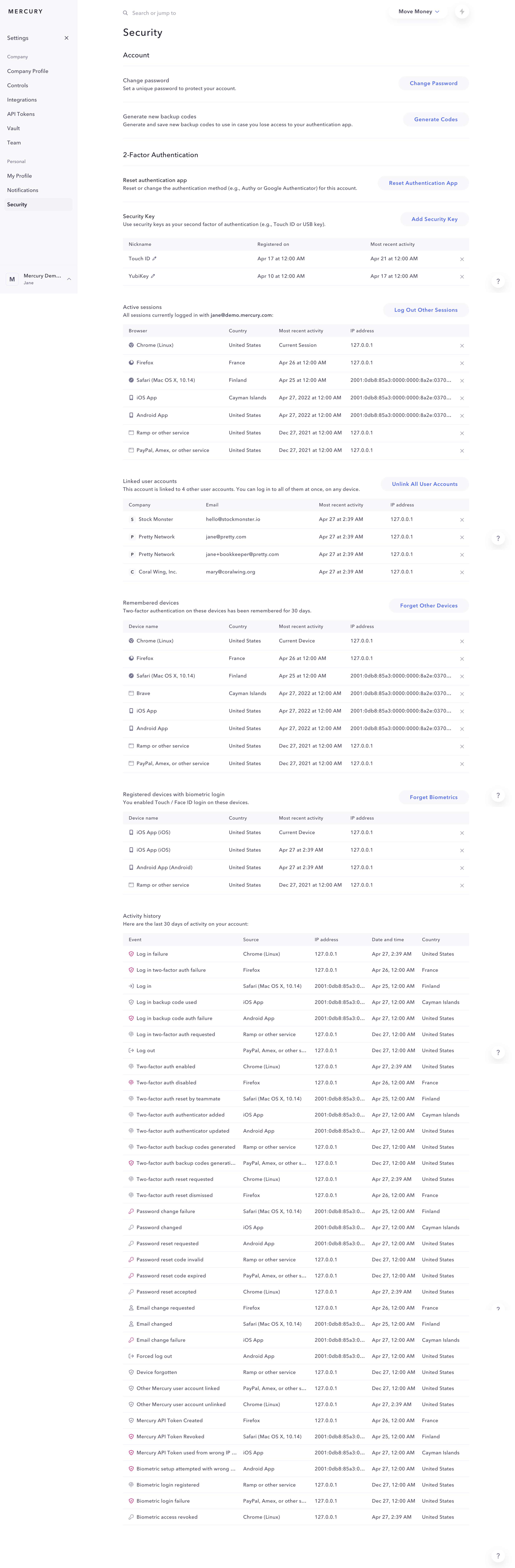 Mercury security settings with separate active sessions, remembered devices, biometric devices, linked accounts, and activity history