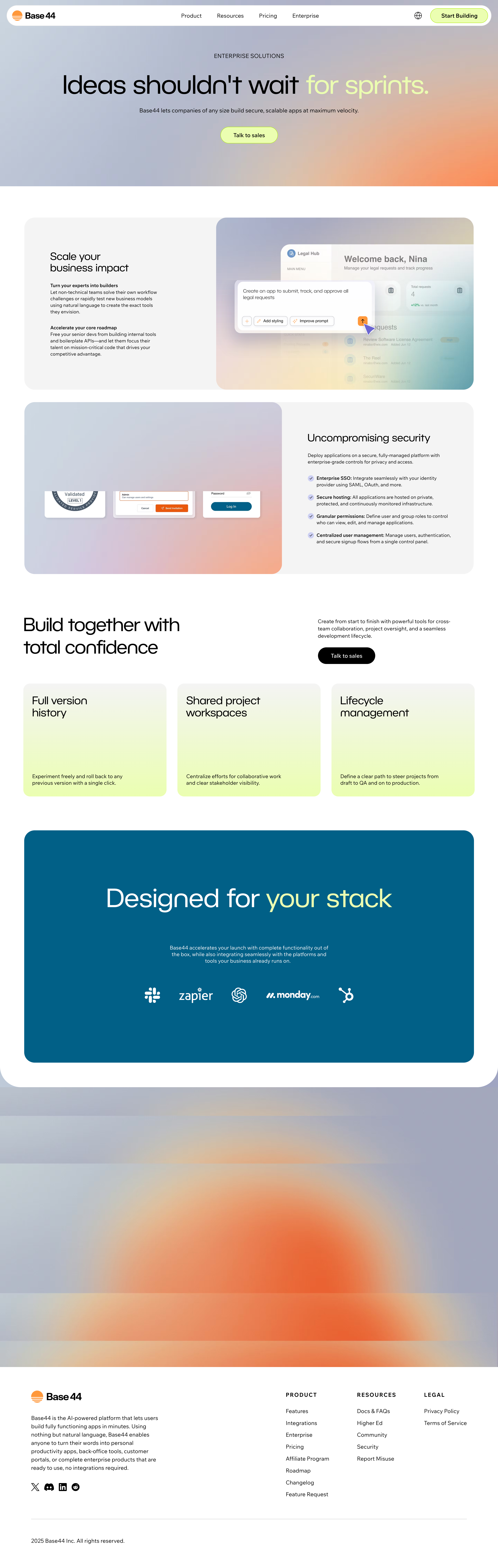 Base44 enterprise page with Talk to sales in the hero and another sales action near team collaboration capabilities