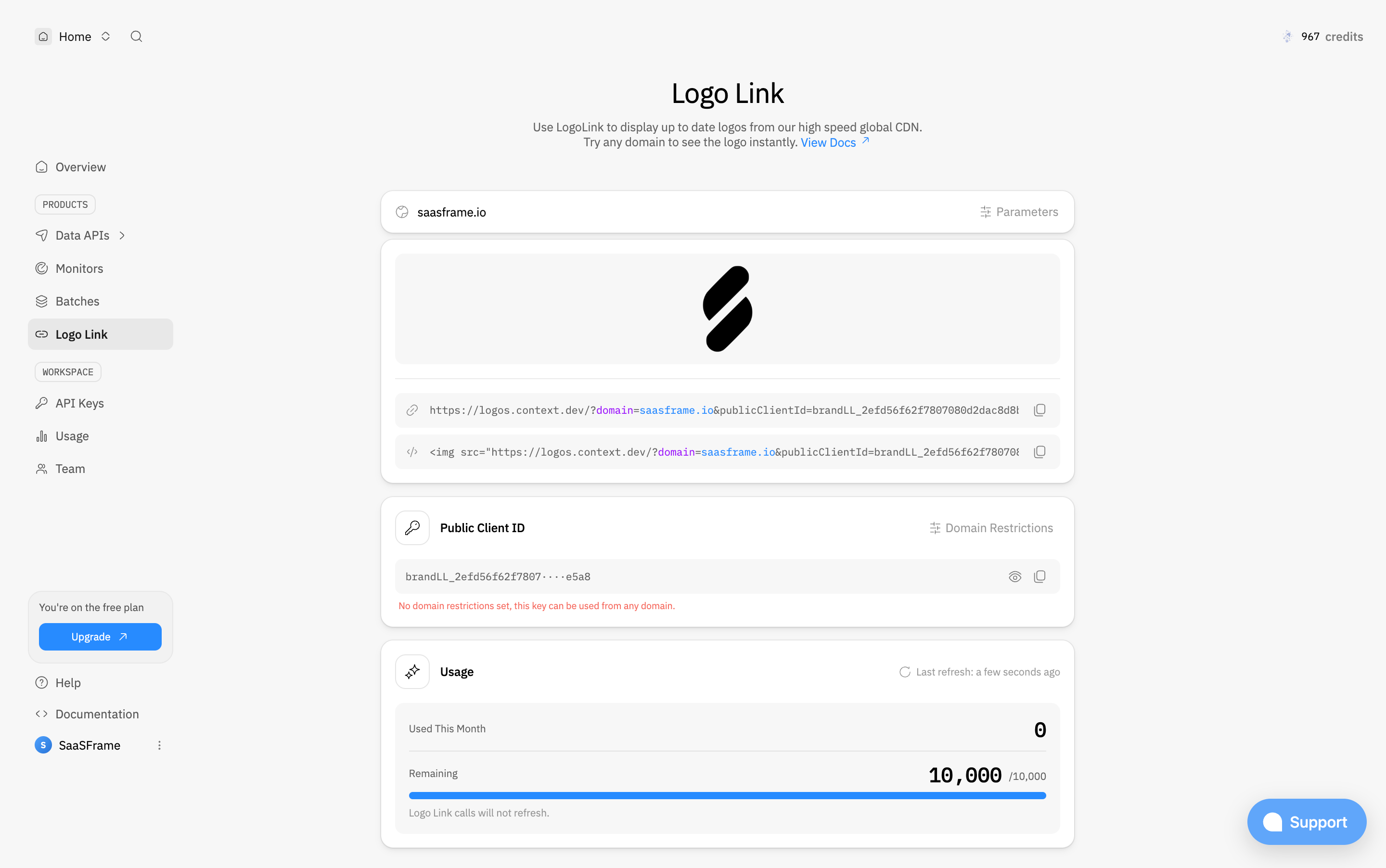 Context.dev product page with a lower-right support launcher combining a chat symbol and a readable support label.