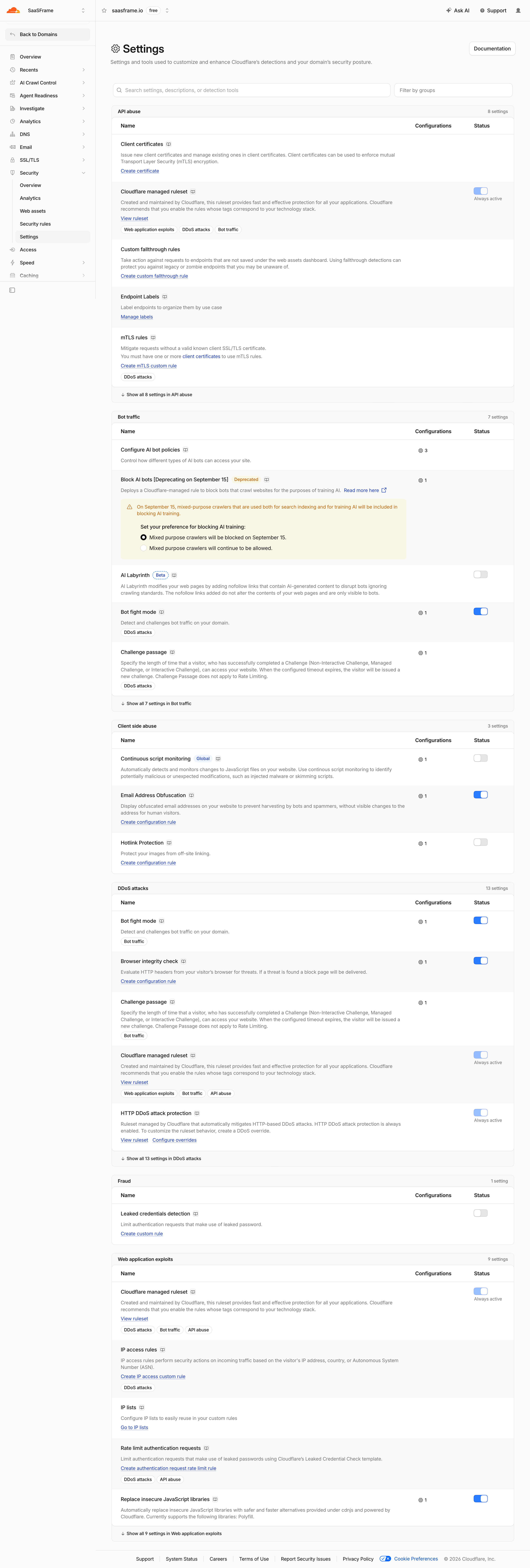 Cloudflare security settings with a highlighted notice beneath a deprecated AI-bot blocking setting and related preference options