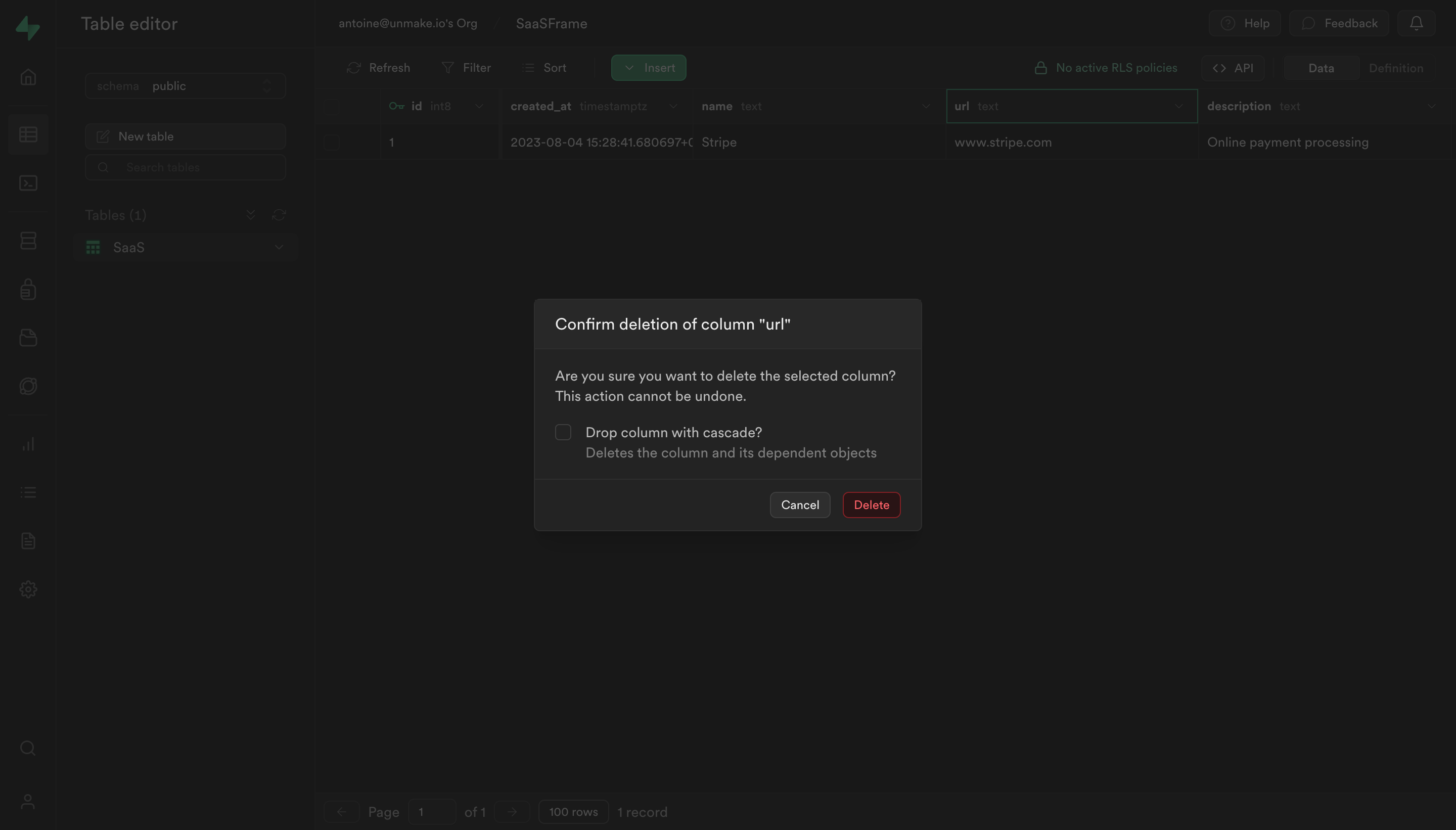 Supabase Delete Column Confirmation Modal design reference captured in SaaSFrame