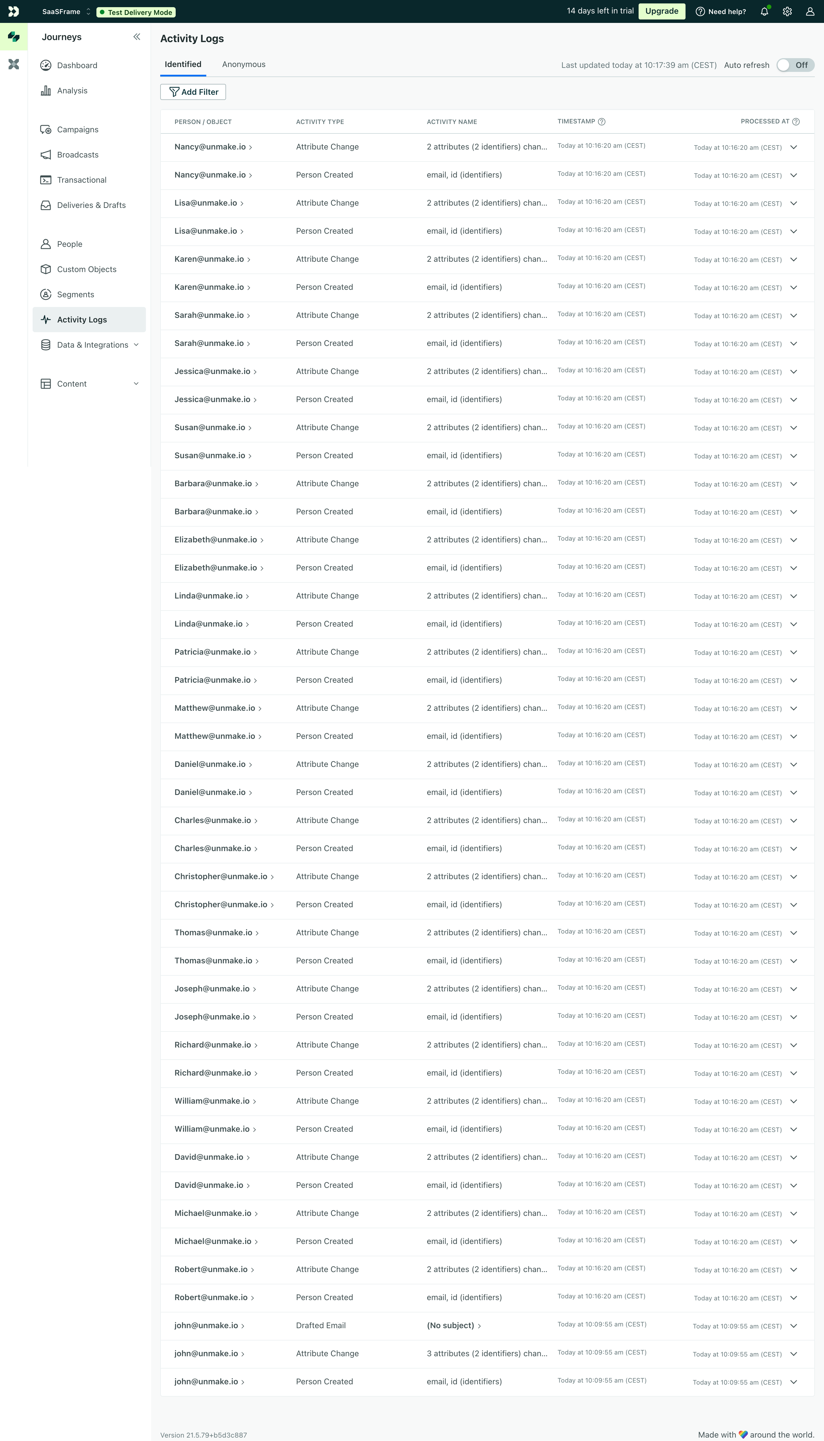 Customer.io activity log organized by Person or Object, activity type, activity name, timestamp, and processing time