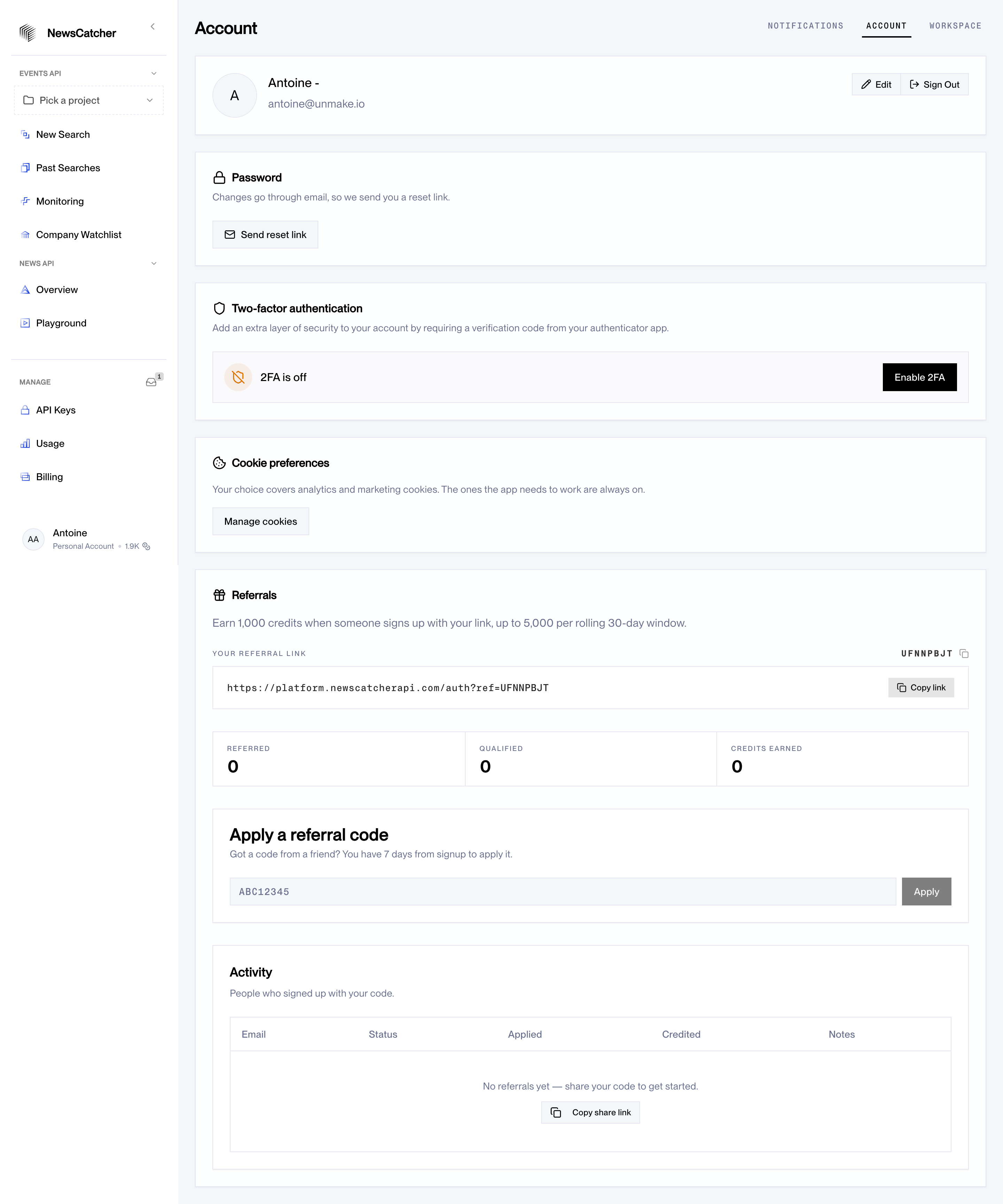 NewsCatcher Settings design reference captured in SaaSFrame