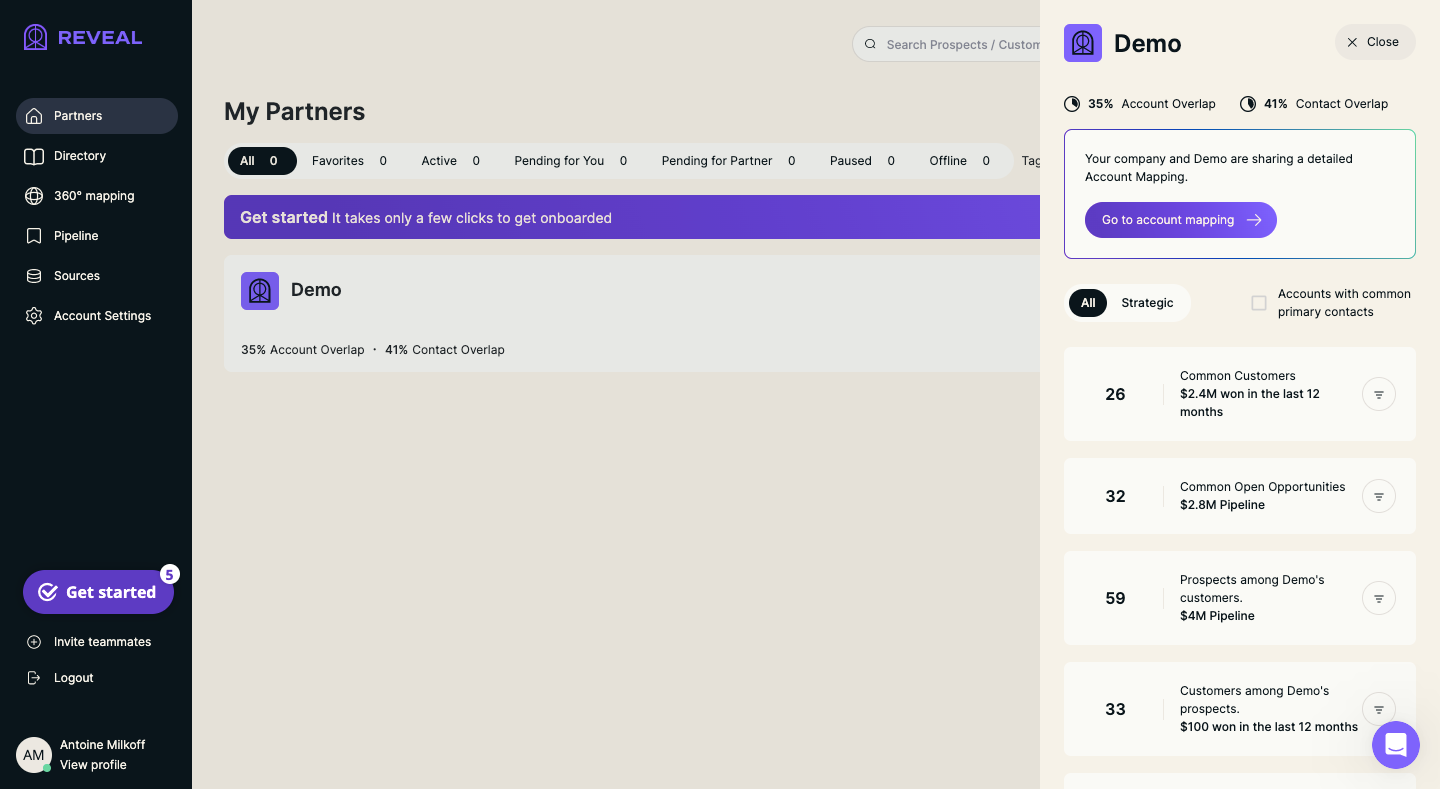Reveal partner dashboard with partner status filters and a separate All or Strategic control in a side panel