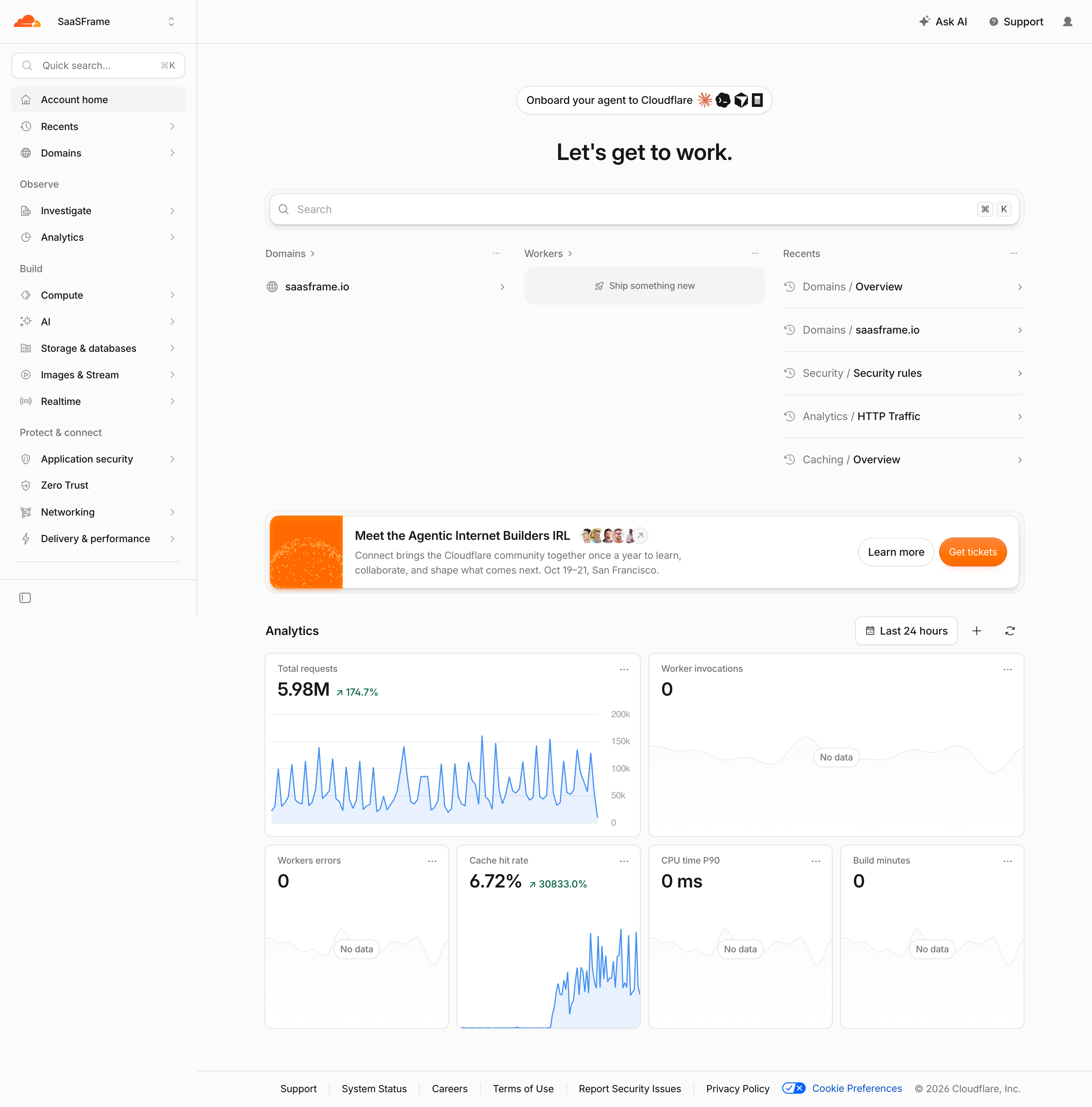 Cloudflare SaaS dashboard showing global search, setup guidance and analytics