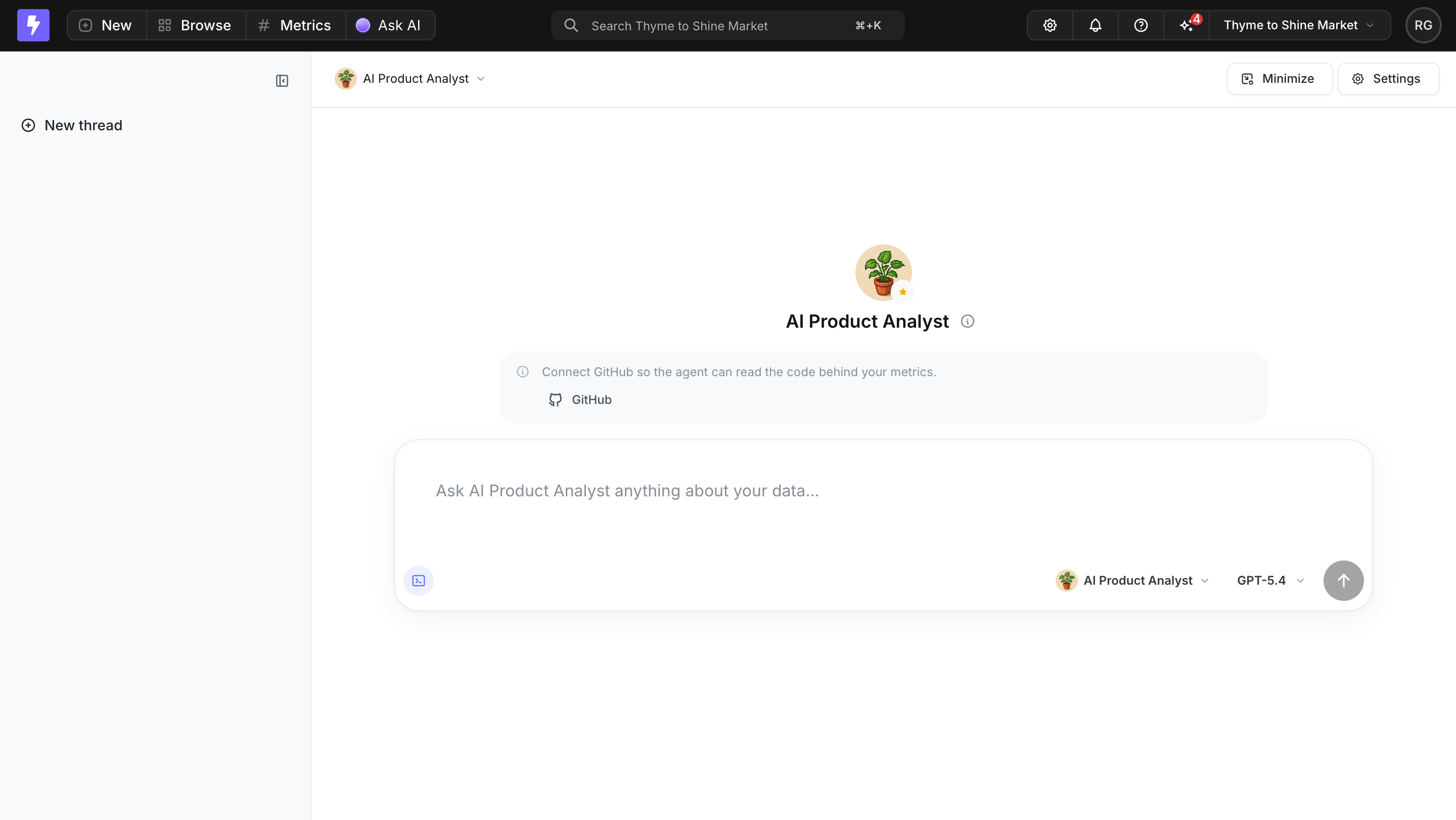 Lightdash AI Product Analyst empty state with data-focused composer and a GitHub context connection