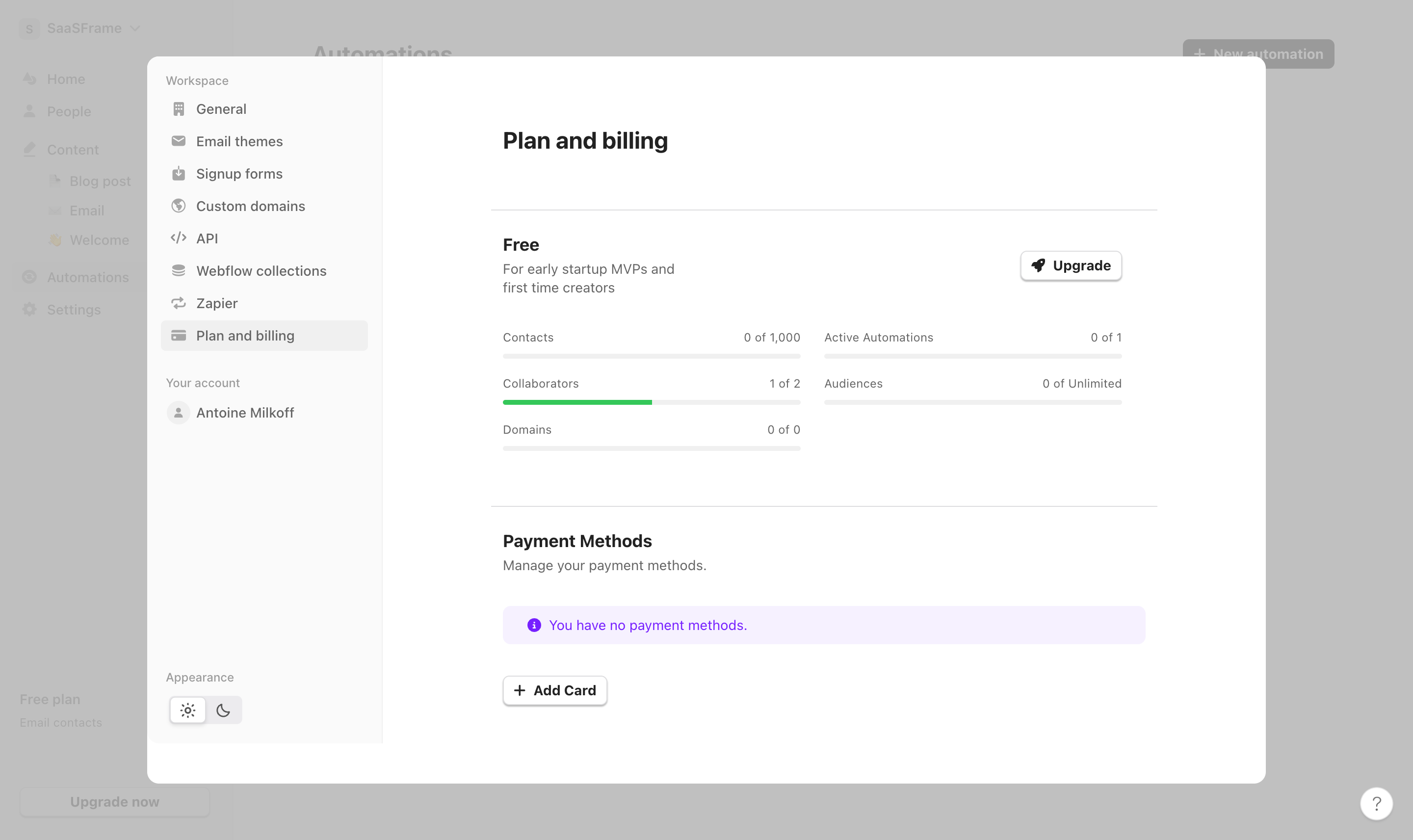 Audienceful plan and billing settings with contacts, collaborators, automations, audiences, and domains usage indicators