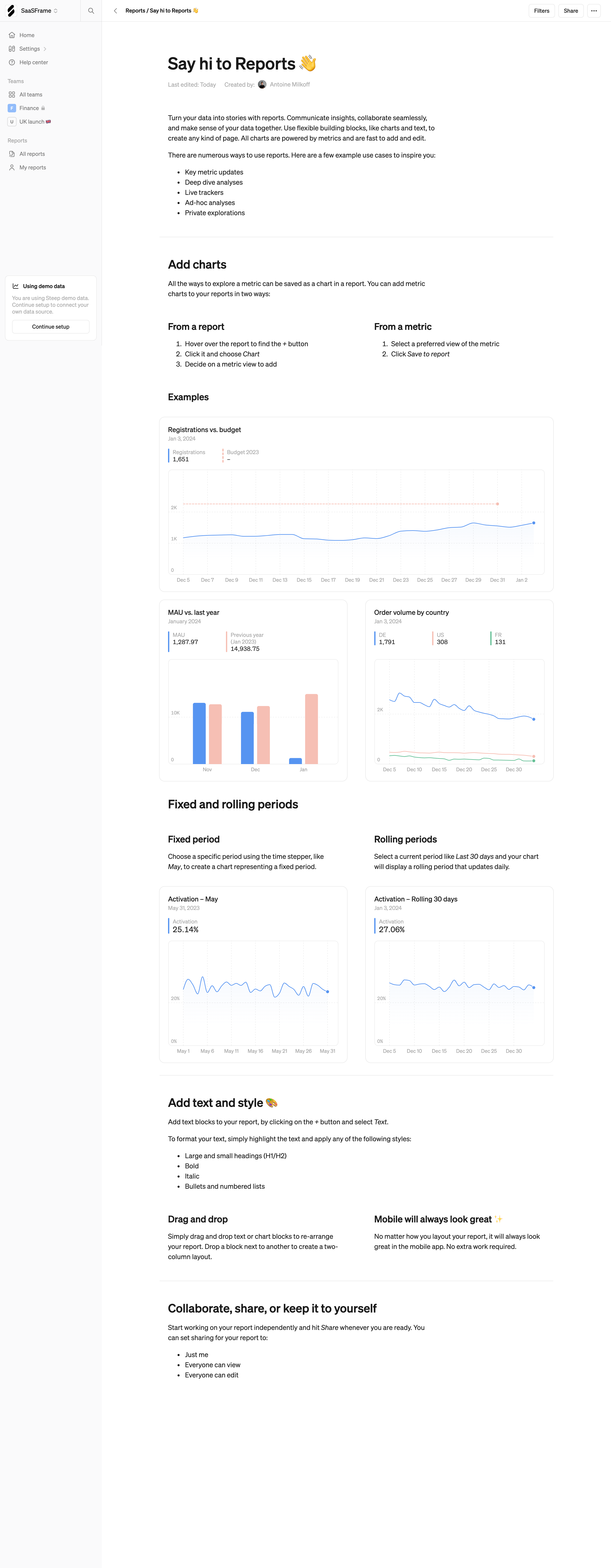 Steep report page with Reports and Say hi to Reports in a short upper path above a report document containing text and charts